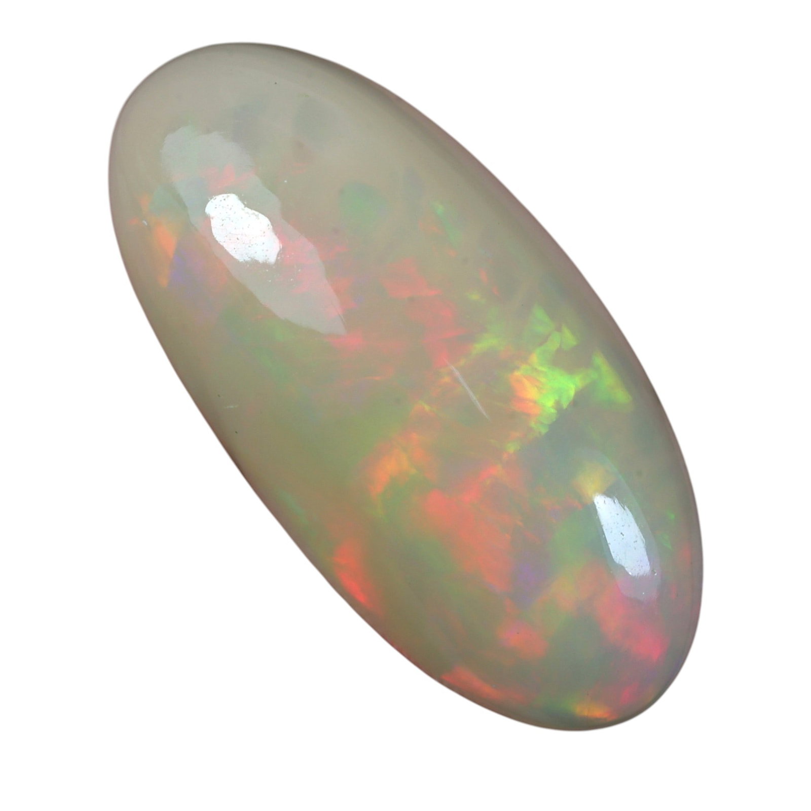 6.70 Carats Welo Opal Oval Cabochon - Natural Ethiopian Stone, 5XB: This stunning oval cabochon of Welo opal captivates with a mesmerizing play of color, featuring broad, sweeping flashes of vivid red, lime green, and golden orange against a creamy translucent base. T