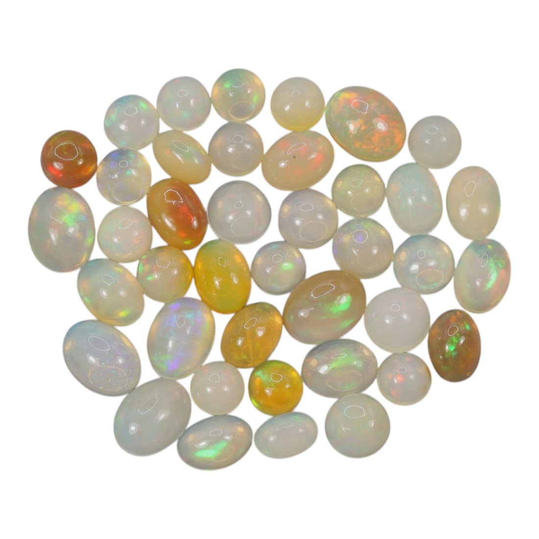 20.03 Carats Welo Opal Cabochon Parcel - Natural Ethiopian Stones, 55XA: This luminous collection of Welo opals showcases a rich spectrum of translucent body tones, from milky white and soft cream to warm honey and golden amber, each adorned with vivid, shifting color play