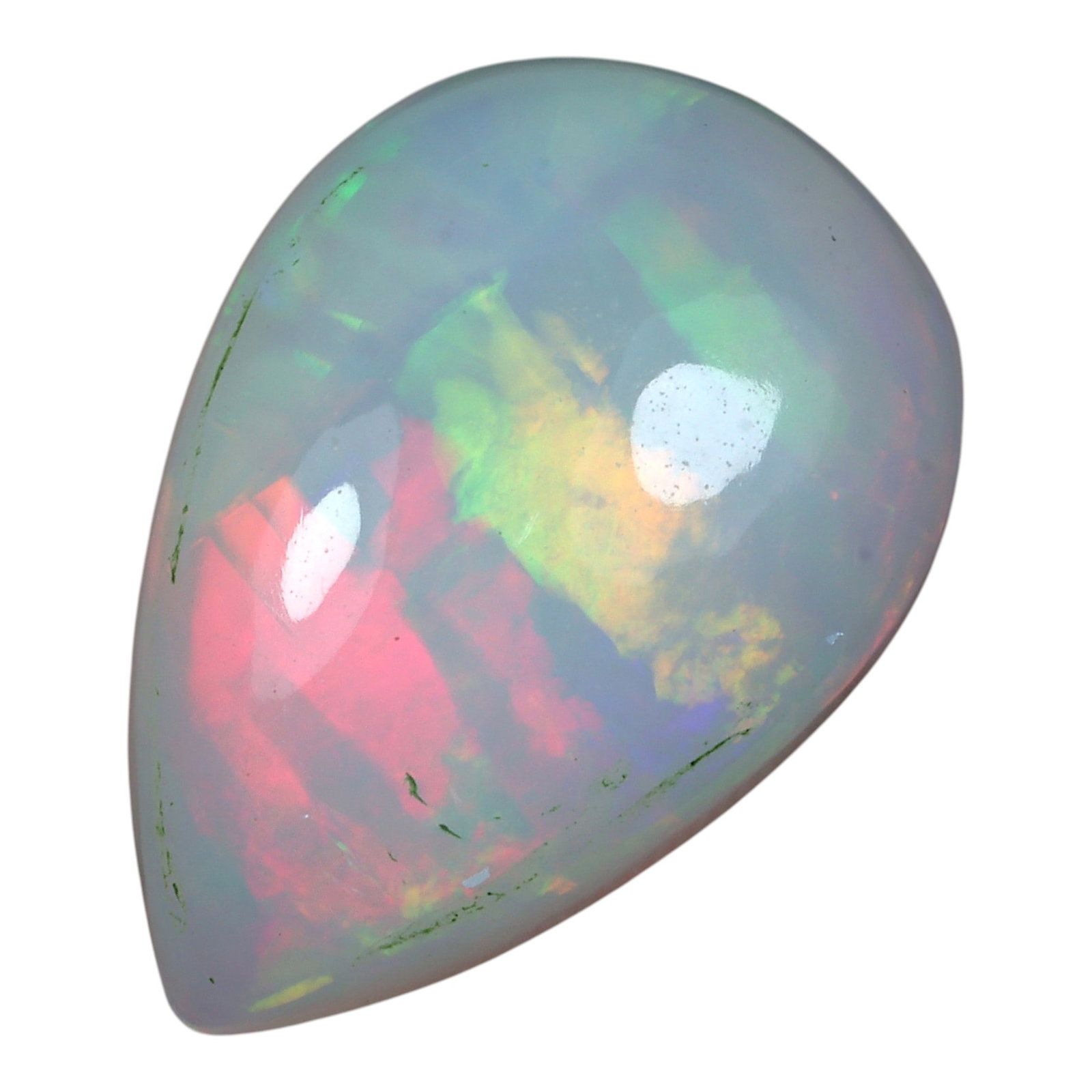2.54 Carats Welo Opal Cabochon - Natural Ethiopian Stone, 23XA: This stunning pear-shaped cabochon of Welo opal captivates with a mesmerizing play of color, featuring broad, sweeping flashes of vivid red, golden yellow, and lime green against a milky, translucent 