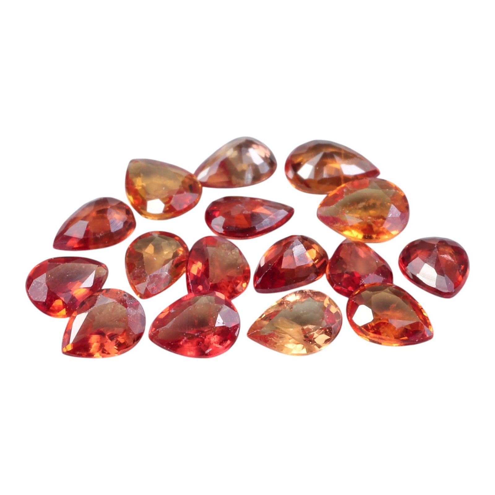 3.01 Carats Orange-Red Songea Sapphire Parcel - Natural Tanzanian Stones, 80XY: This vibrant parcel of Songea sapphires dazzles with a captivating spectrum of orange-red hues, ranging from warm sunlit amber to deep fiery crimson. Each pear-cut stone measures approximately 4.3 x 3