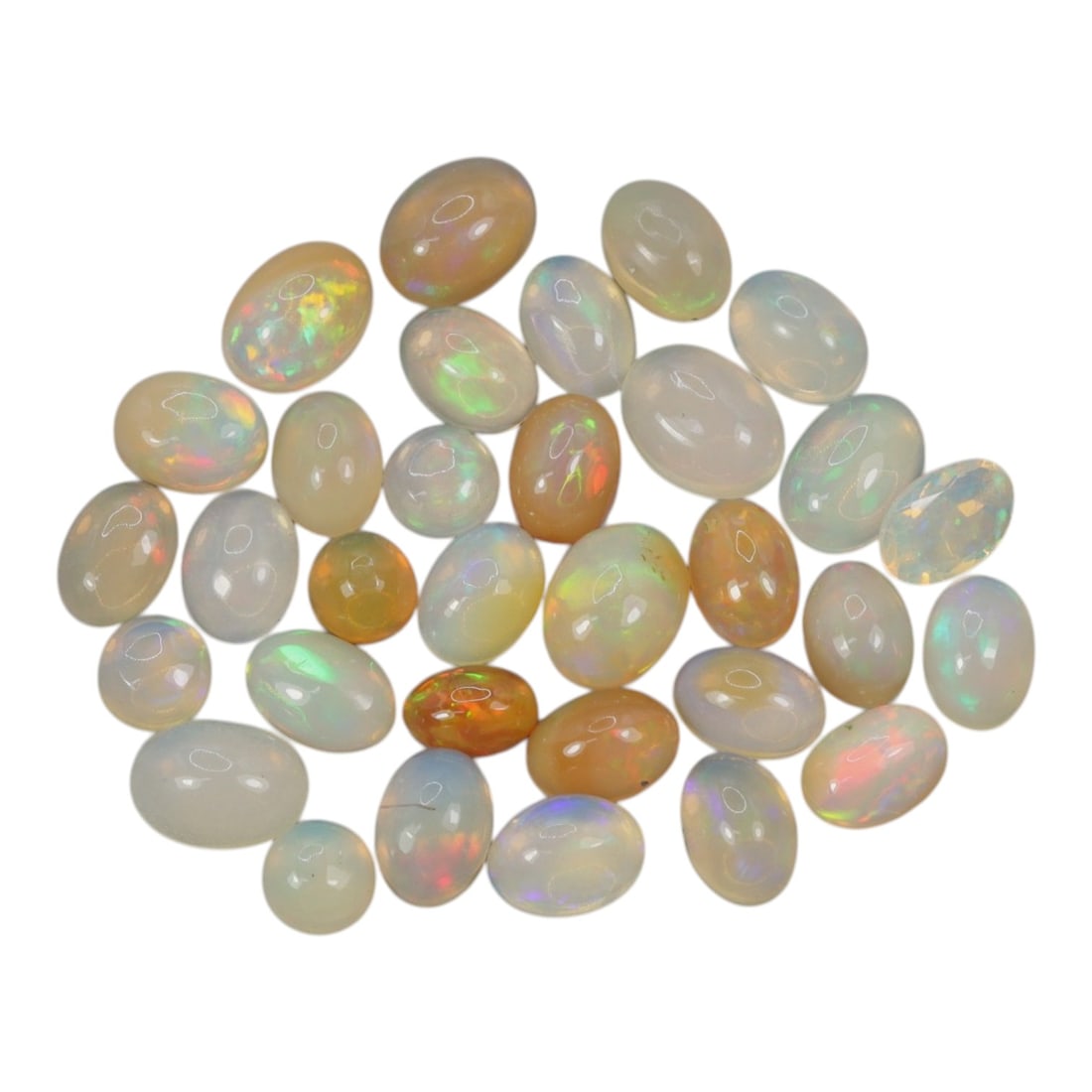 17.96 Carats Welo Opal Cabochon Parcel - Natural Ethiopian Stones, 56XA: This luminous collection of Welo opals showcases a rich spectrum of translucent body tones, from milky white and soft cream to warm honey and golden amber, each adorned with vivid, shifting color play
