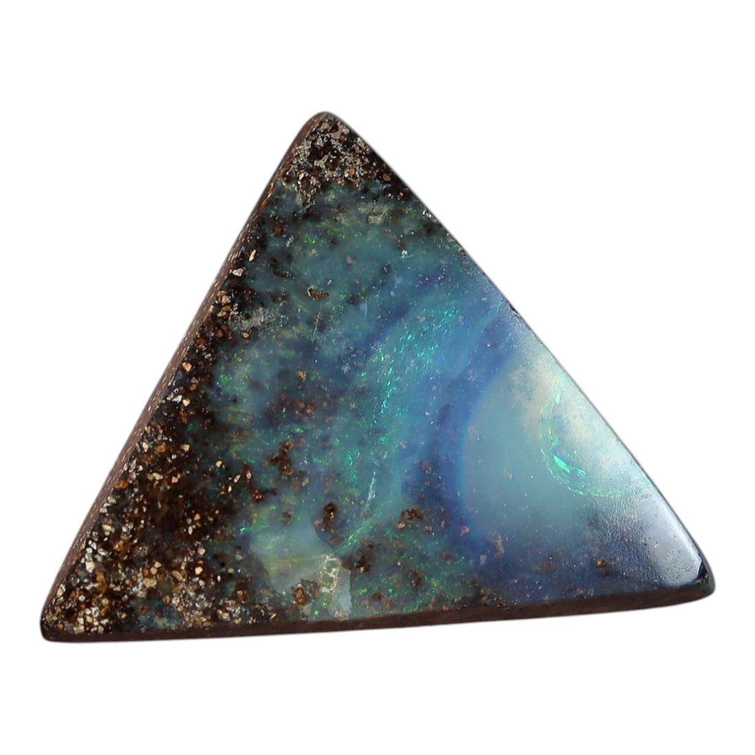 3.08 Carats Boulder Opal Cabochon - Natural Matrix & Play-of-Color Specimen, 54XM: This 3.08ct boulder opal cabochon, measuring 10x9mm, is a striking example of Australia's iconic gemstone, showcasing the unique beauty of nature's artistry. The triangular cabochon is polished to a s
