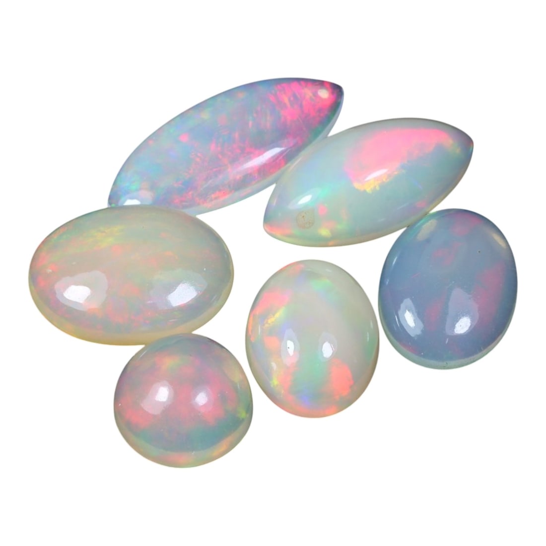 9.33 Carats Multicolor Welo Opal Mixed Cabochon Parcel - Natural Ethiopian Stones, 56XC: This luminous parcel of Ethiopian Welo opals features a captivating mix of marquise and oval cabochon shapes, showcasing a breathtaking spectrum of shifting iridescence. Vivid pinks, electric greens, 
