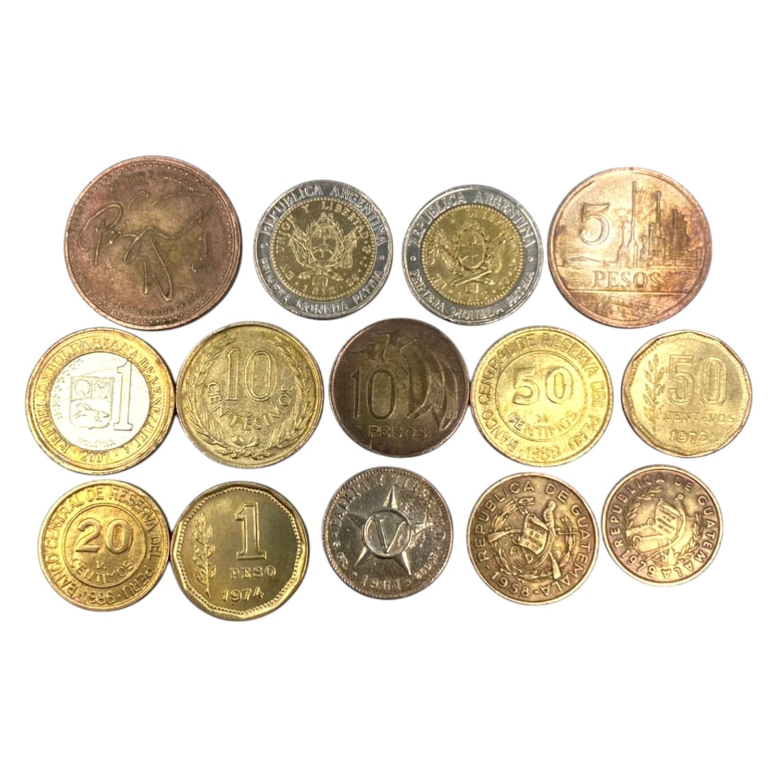 LATIN AMERICA: Sovereignty & Economic Evolution - 14-Piece Coins Set, 1960-2009, 19-29mm, 13ZJ: This curated 14-Piece Coins Set spans nearly half a century of Latin American numismatic history, featuring coins from Argentina, Venezuela, Guatemala, Panama, and other nations, ranging from 19 to 29