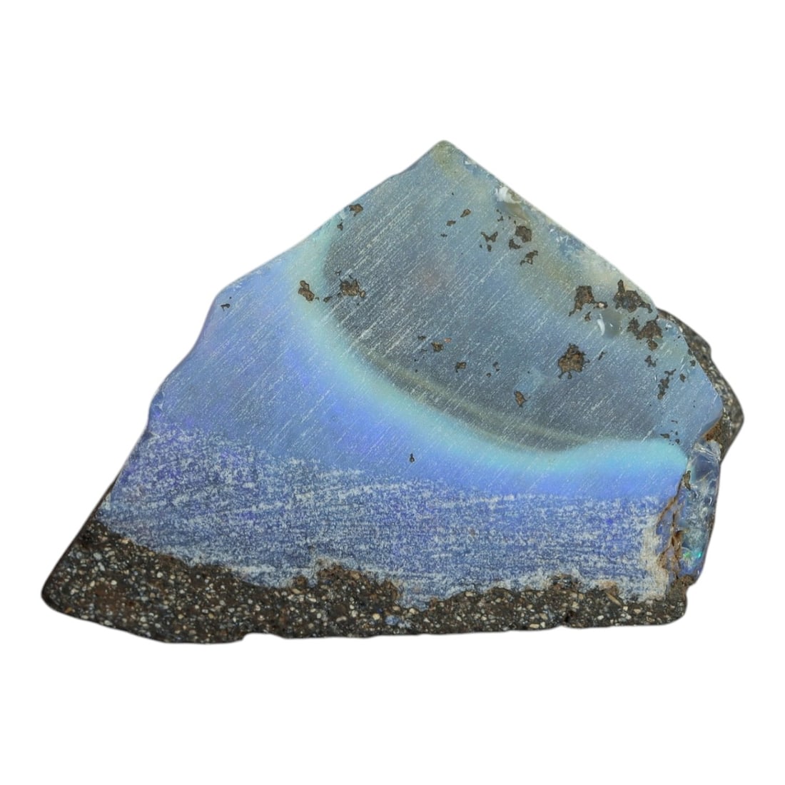 23.95 Carats Winton Boulder Opal Rough Slab - Natural Australian Stone, 36XP: This striking Winton boulder opal rough slab showcases a luminous band of ethereal sky-blue and pale aqua play-of-color, nestled within its natural ironstone host rock. Measuring precisely at 27.6 x 1