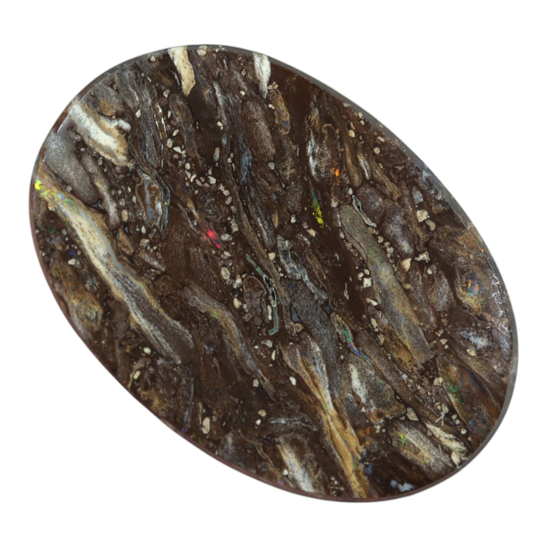 10.40 Carats Brown Matrix Multicolor Koroit Yowah Opal Cabochon - Natural Australian Stone, 20XM: This singular Koroit Yowah opal cabochon presents a striking natural tableau, with a rich brown ironstone matrix interwoven with delicate veins and flecks of iridescent opal. The stone's oval form sho