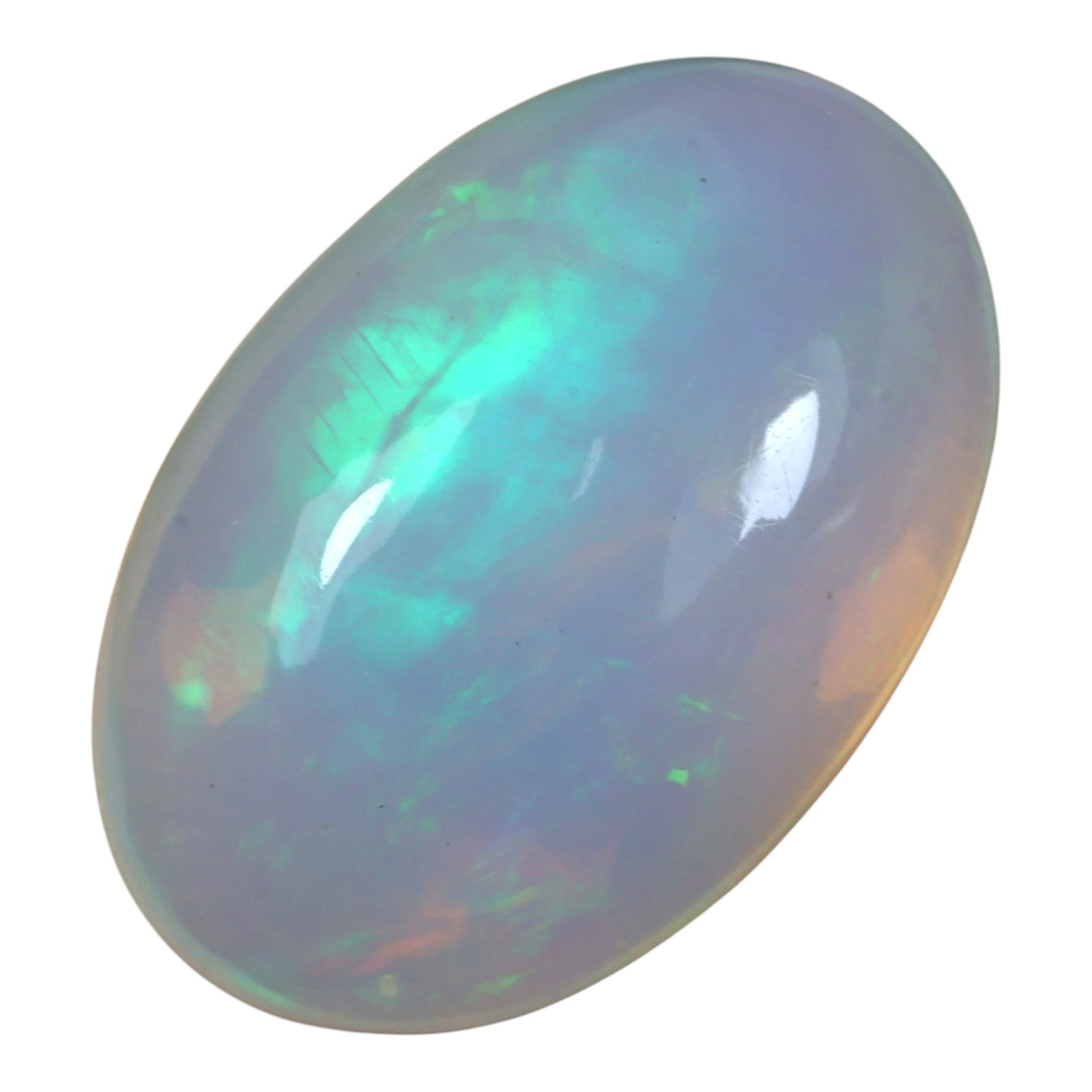 4.95 Carats Welo Opal Oval Cabochon - Natural Ethiopian Stone, 74XB: This beautiful oval cabochon of Welo opal features a soft, ethereal play of color, dominated by luminous turquoise and green flashes with subtle hints of warm peach across its milky, translucent base.