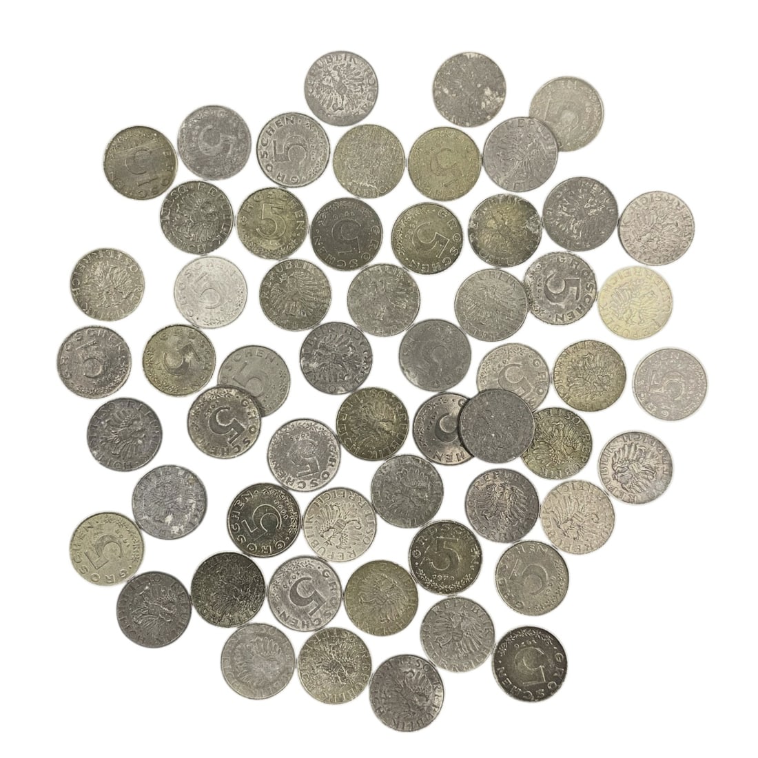 AUSTRIA: Imperial Eagle - 5 Groschen Bulk Coin Lot, 11V: This bulk lot of Austrian 5 Groschen coins features the iconic imperial eagle motif, a powerful symbol of Austro-Hungarian sovereignty. The reverse displays the bold numeral "5 GROSCHEN," while the ob