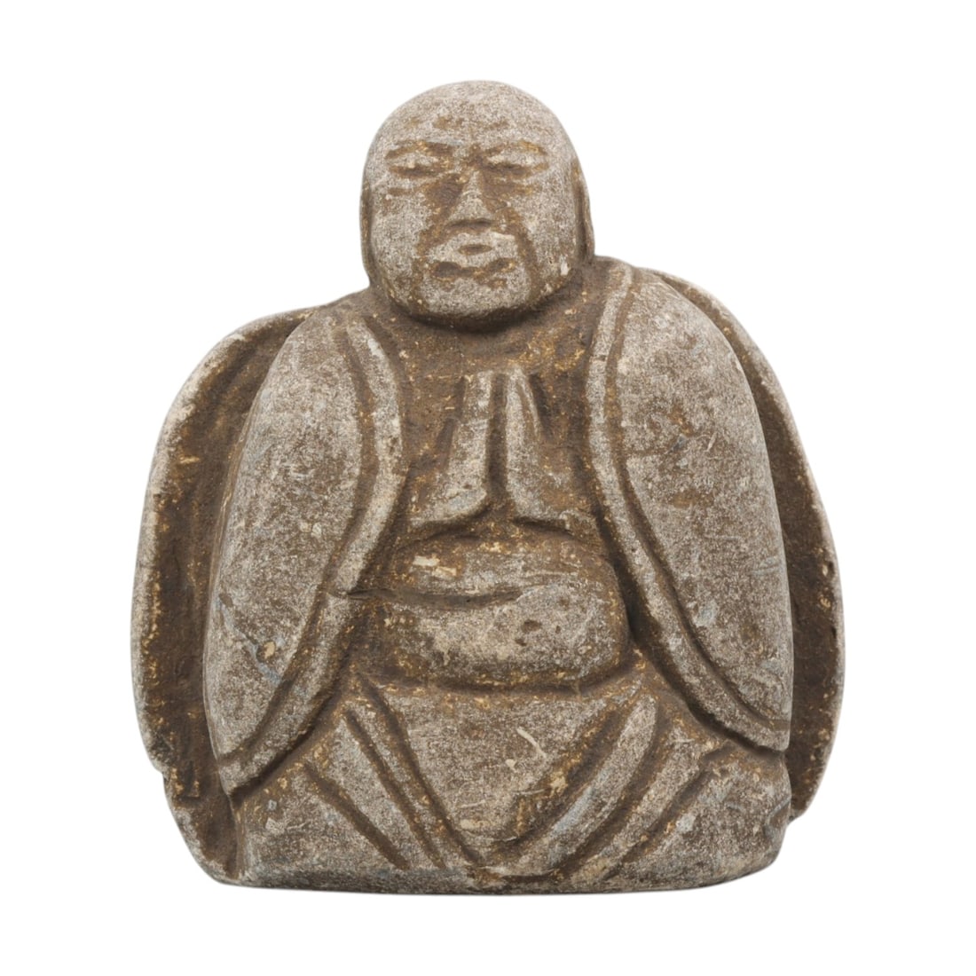 Antique Japanese Edo Period Stone Buddhist Amulet, 19WT: Carved stone Buddhist amulet depicting a seated monk or devotee in a prayer gesture, worked from weathered grey stone with surface patina and age-related wear. The figure is shown with hands pressed t