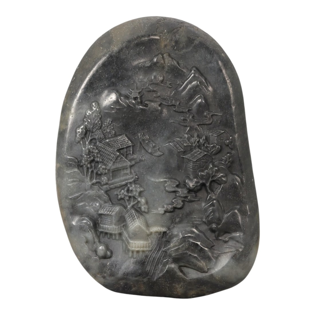 A Chinese Hetian Jade Plaque Carved with a Landscape Scene, 20th Century, 21FD: Carved from dark grey to charcoal-toned Hetian jade with subtle lighter inclusions and natural mottling, the plaque is worked in low to medium relief with a continuous landscape composition. The scene