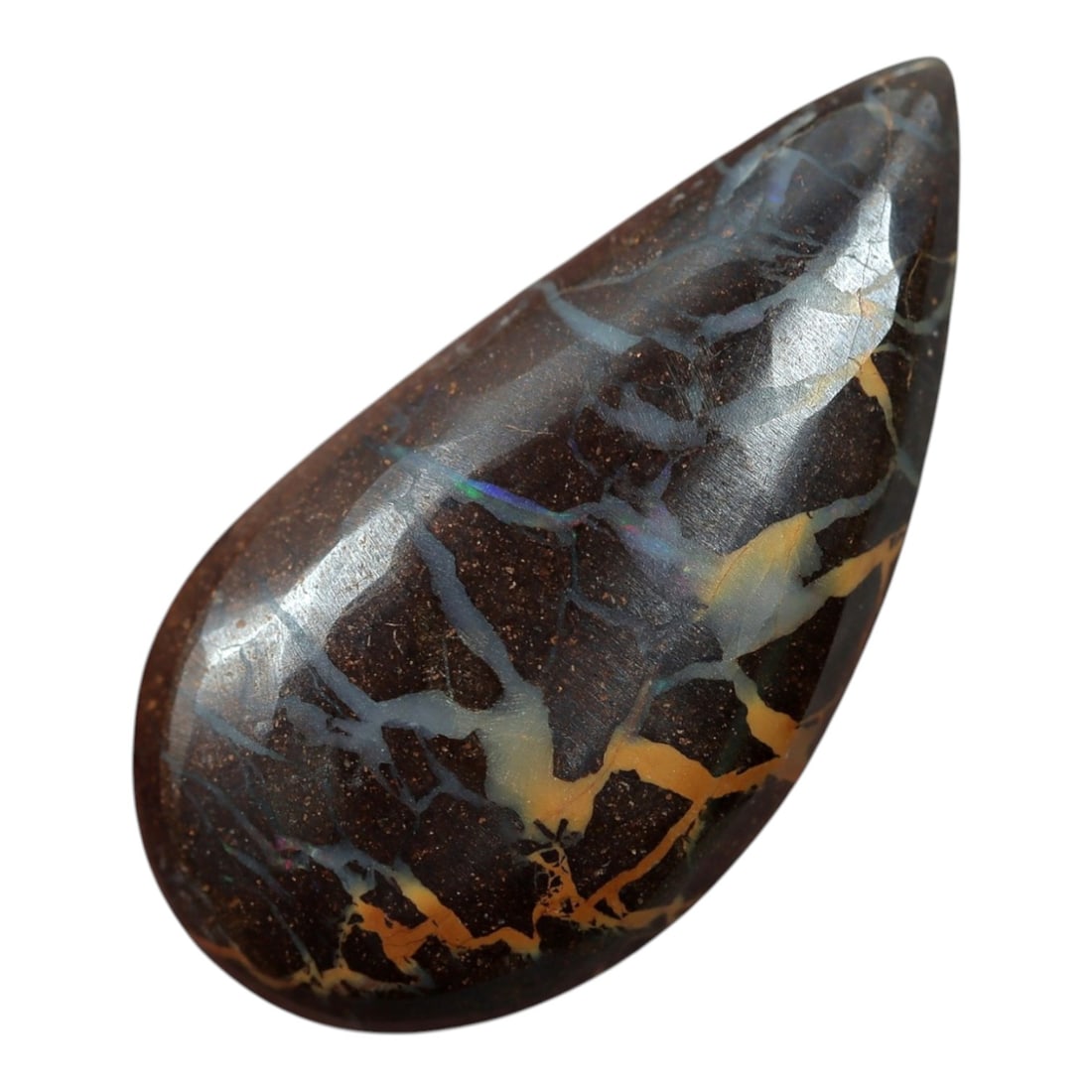 5.45 Carats Boulder Opal Cabochon - Natural Matrix Vein Specimen, 61XM: This 5.45ct boulder opal cabochon, measuring 18x9mm, is a striking example of Australia's iconic gemstone, showcasing the unique beauty of nature's artistry. The teardrop-shaped cabochon is polished t