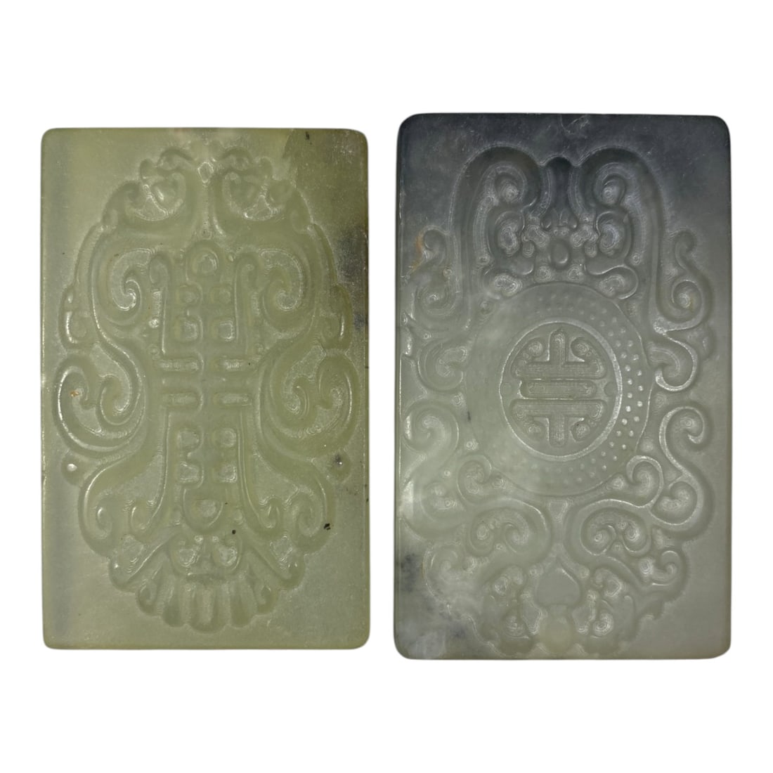 Lot of 2 Antique Oriental Chinese Nephrite Jade Plaques, 59AG: The lot comprises two rectangular nephrite jade plaques. The first plaque is carved from pale celadon nephrite with minor natural inclusions and faint surface marks. The second is crafted from greyish