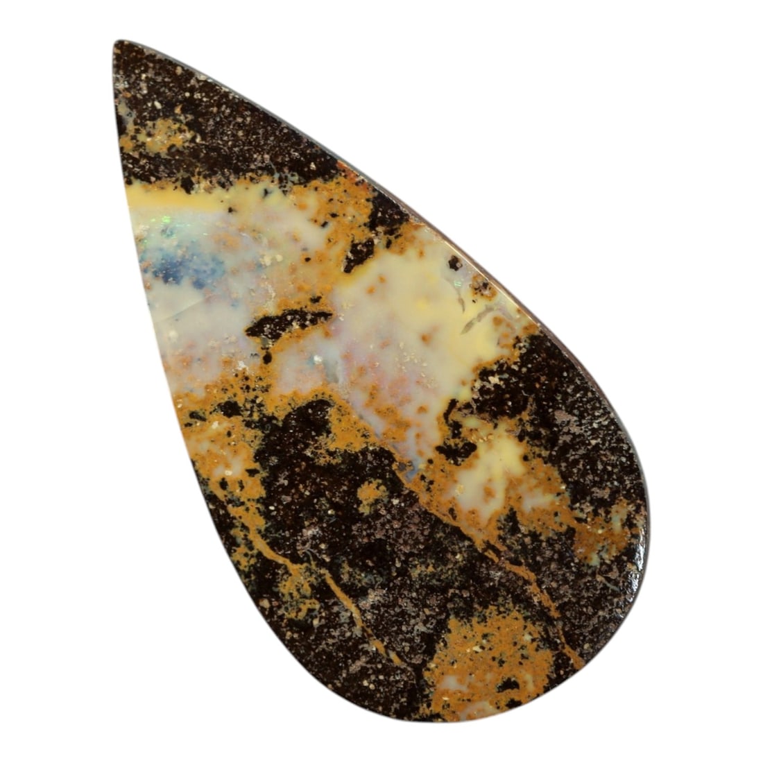 8.51 Carats Boulder Opal Cabochon - Natural Matrix & Play-of-Color Specimen, 57XM: This 8.51ct boulder opal cabochon, measuring 23x12mm, is a striking example of Australia's iconic gemstone, showcasing the unique beauty of nature's artistry. The teardrop-shaped cabochon is polished 