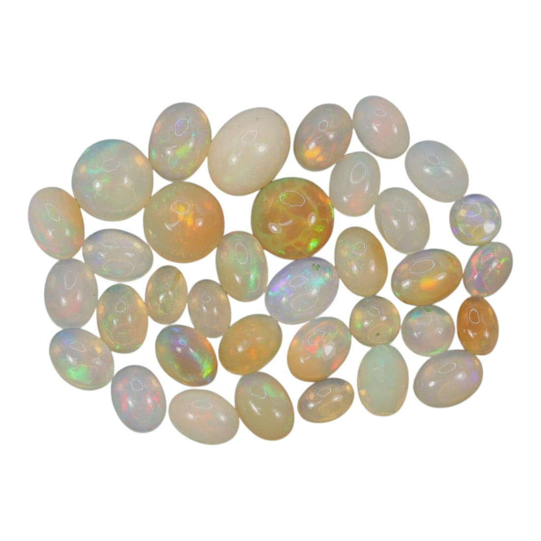 19.73 Carats Welo Opal Cabochon Parcel - Natural Ethiopian Stones, 51XA: This vibrant collection of Welo opals showcases a rich spectrum of translucent body tones, from milky white and soft cream to warm honey and golden-orange, each adorned with vivid, shifting color play