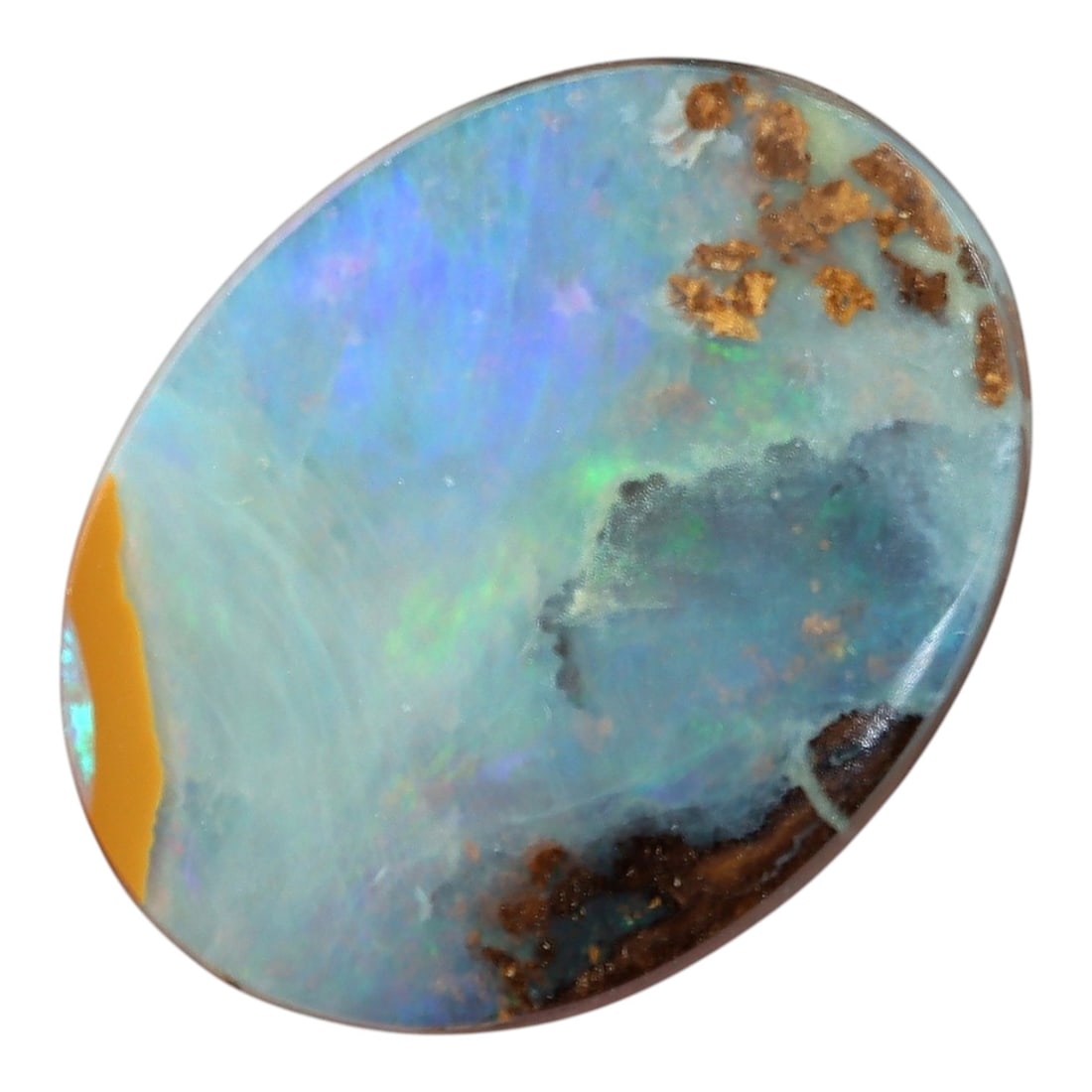 2.36 Carats Pastel Blue Winton Boulder Opal - Natural Australian Stone, LZ40: This breathtaking 2.36 carat Winton boulder opal is a miniature natural landscape, polished into an elegant oval cabochon measuring 10.8mm x 8.4mm x 2.8mm. Its broad face displays a soft, milky opal f