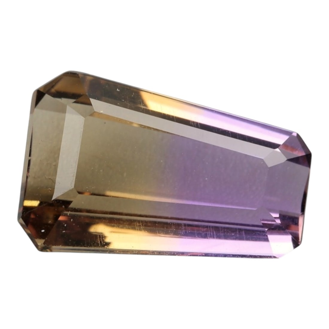 7.485 Carats Certified Violet and Yellow Ametrine - Natural Brazilian Gemstone, LZ269: This striking octagon step-cut ametrine showcases a seamless fusion of deep violet and warm golden-yellow hues, a signature characteristic of this dual-colored gem. The step-cut faceting enhances the 