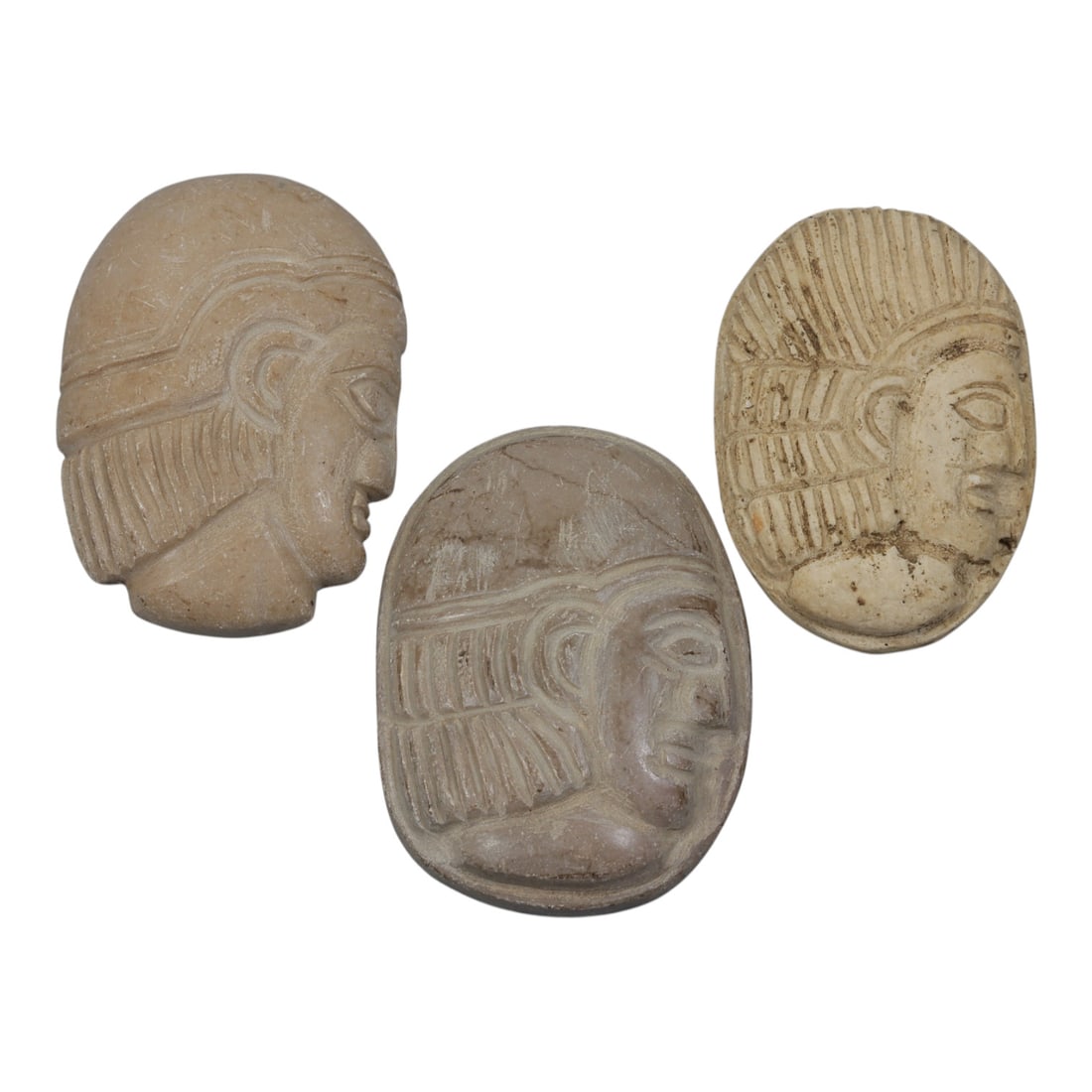 Lot of 3 Ancient Coptic Egyptian Steatite Face Beads / Amulets, Circa Roman to Coptic Era, 39WP: A curated lot of three ancient Coptic Egyptian-style amulets, carved from steatite stone with natural patination and wear consistent with age. Each piece features a stylized profile face with detailed