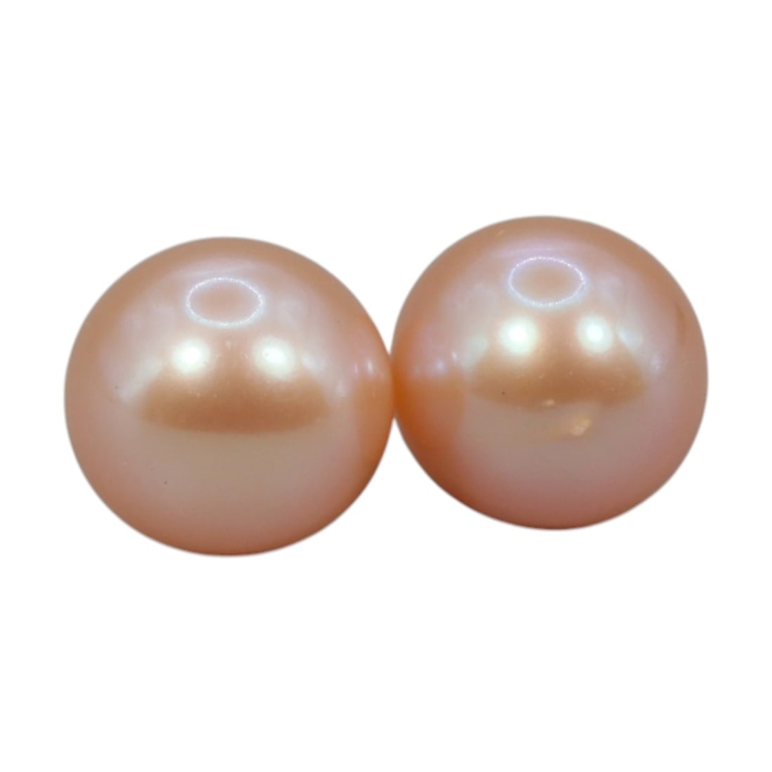 Freshwater Pearl Pair - Natural Pearl Peach Round Gemstones 8.1mm, 37XA: A matched pair of natural freshwater pearls, exhibiting a soft peach-pink hue with bright, uniform luster and subtle iridescent orient. The pearls are near-spherical, with smooth nacre and minor natur