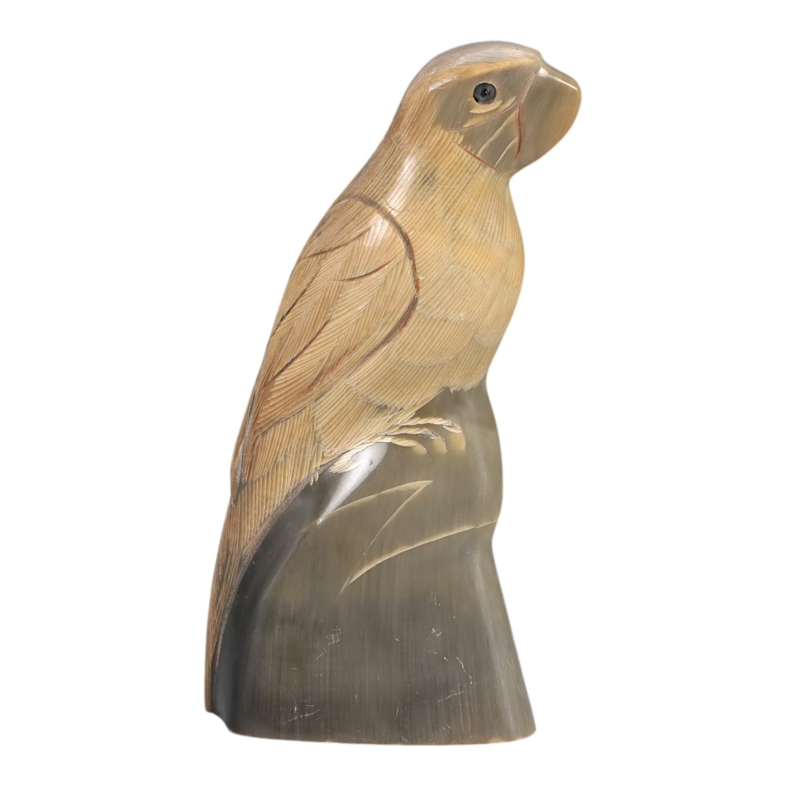 An East Asian Ox Horn Parrot Effigy, 20th Century, 11FJ: Carved from a single section of ox horn with visible natural striations and tonal variation from pale honey to translucent gray-brown, the effigy is modeled as a standing parrot rendered in the round.