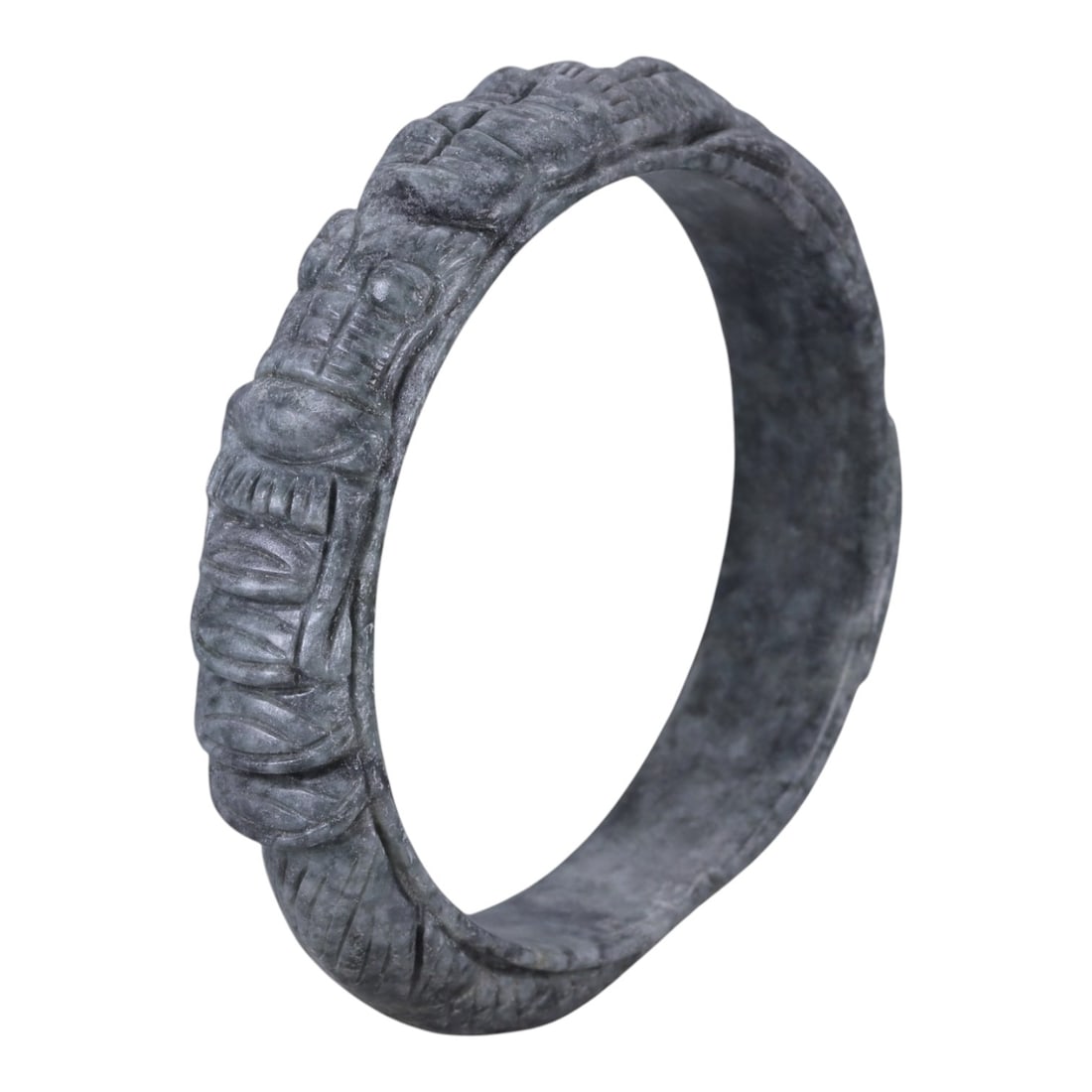 Jadeite Jade Dragon Bracelet - Carved Asian Bangle, 6.3cm Inner Diameter, 28WE: Carved from dense grey-green jadeite, this bracelet is formed as a continuous circular bangle with sculptural relief carving along the exterior surface. The stone has been hollowed and shaped through 