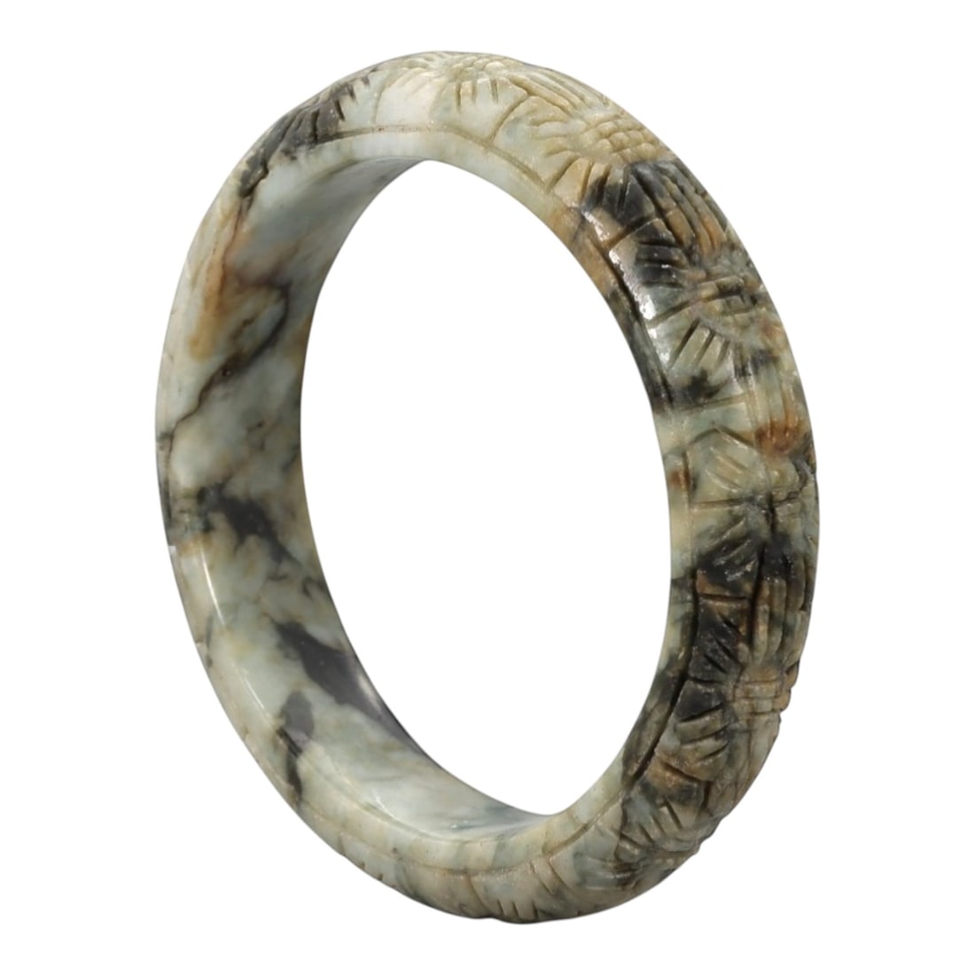 A Chinese Carved Jadeite Jade Bangle Bracelet, 20th Century, 53ZL: A fine jadeite bangle of flattened circular form, intricately carved in relief with a continuous band of foliate and floral motifs. The stone displays a captivating variegated palette, featuring a pal