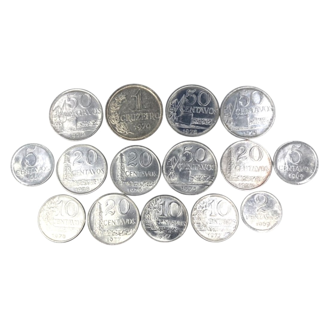 BRAZIL: Economic Transition & National Identity - 15-Piece Coins Set, 1969-1978, 20-29mm, 30ZJ: This 15-Piece Coins Set of Brazilian coins, minted between 1969 and 1978, encapsulates a pivotal era of economic transition and national identity in South America's largest nation. Ranging from 20 to 