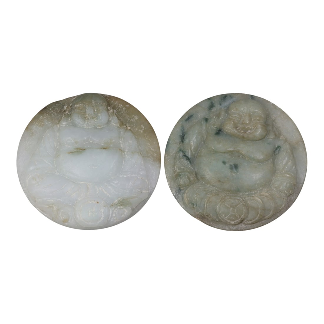 Lot of 2 Antique Oriental Chinese Jadeite Jade Buddha Plaques, 39AG: The lot comprises two circular jadeite plaques, each carved in relief with a seated Budai (Laughing Buddha) figure. The left plaque is carved from white jadeite with brownish patina and inclusions, sh
