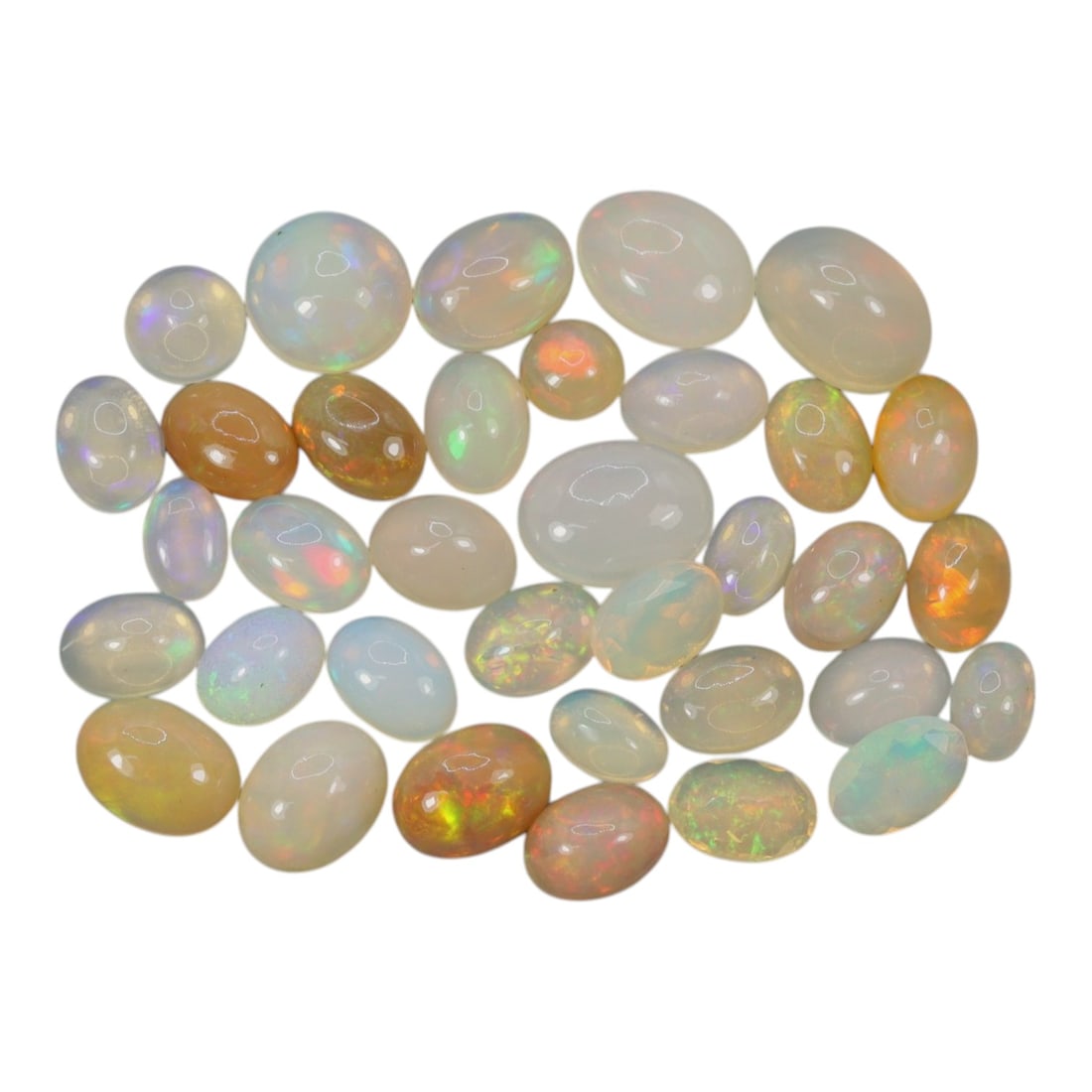 20.32 Carats Welo Opal Cabochon Parcel - Natural Ethiopian Stones, 53XA: This luminous collection of Welo opals showcases a rich spectrum of warm and cool translucent body tones, from milky white and soft cream to honey and golden amber, each adorned with vivid, shifting c