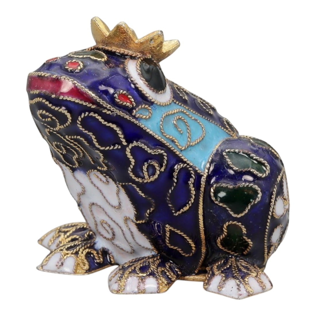 A Chinese Cloisonne Enamel Frog Effigy, 20th Century, 8FH: Modeled as a seated frog with the body upright and head raised, the effigy is constructed over a metal core and decorated overall with cloisonne enamel on a deep cobalt blue ground, the surface densel