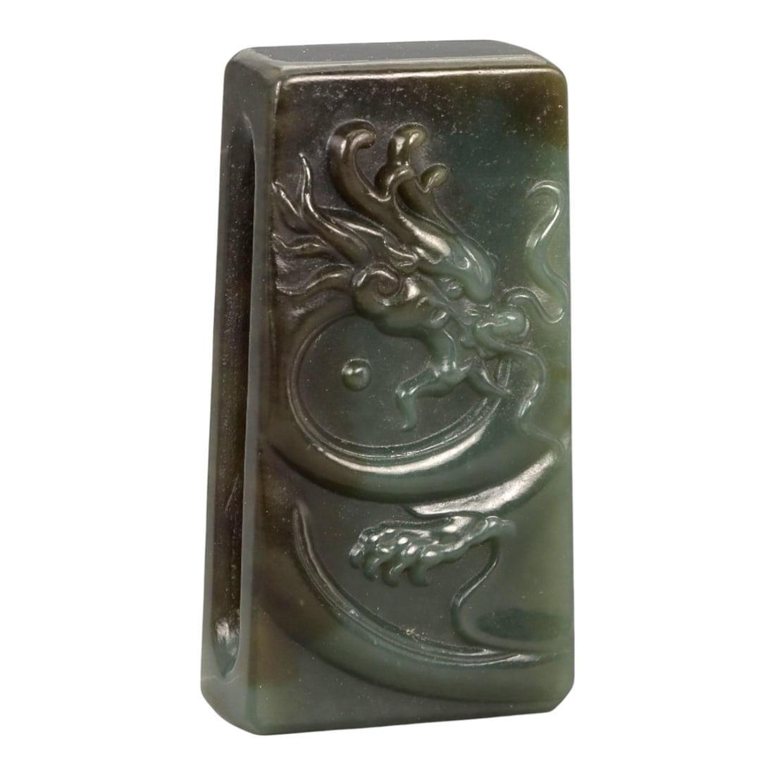 A Chinese Nephrite Jade Belt Buckle, 20th Century, 50FA: Carved from dark green nephrite jade with areas of mottled brown and olive tonal variation, the buckle is rectangular in form with slightly rounded edges and a flat reverse. The obverse is carved in l