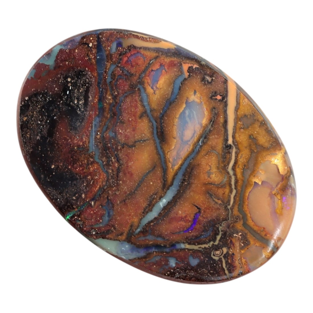3.87 Carats Multi-Color Koroit Boulder Opal - Natural Australian Stone, LZ43: This stunning 3.87 carat Koroit boulder opal, measuring 14.8mm x 10.4mm x 2.7mm, is a breathtaking canvas of natural color and pattern. Polished into a smooth oval cabochon, its face is dominated by r