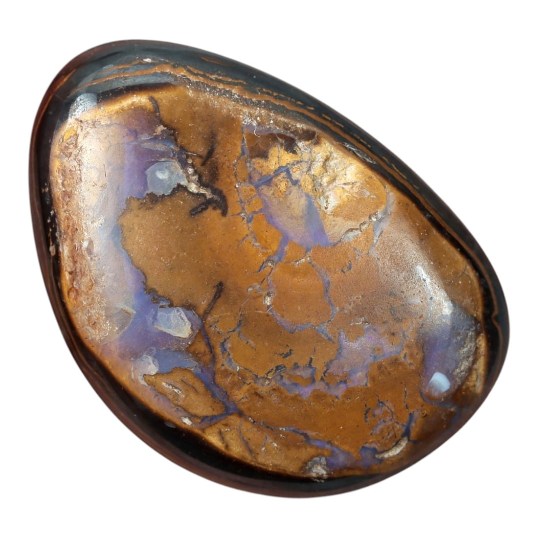 10.56 Carats Brown Matrix and Violet Vein Yowah Opal Cabochon - Natural Australian Stone, 45XM: This striking Yowah opal cabochon features a smooth, oval form with a rich brown ironstone matrix crisscrossed by delicate, iridescent violet veins of opal. The stone's polished surface enhances the c