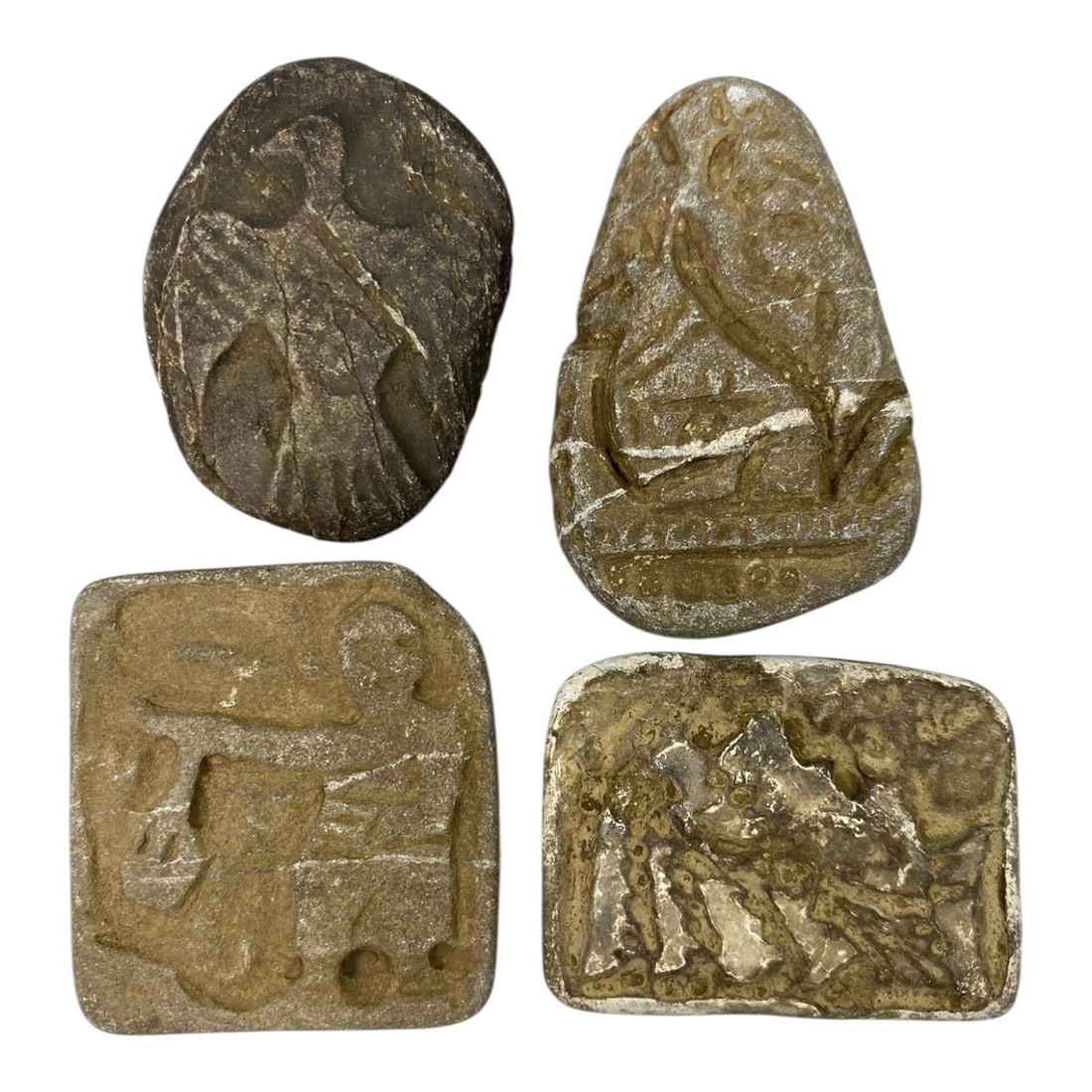 Lot of 4 Ancient Christian Stone Amulet Plaques, 77AG: A collection of four hand-carved stone amulet plaques, attributed to the early Christian or medieval period, likely from the Mediterranean region. Crafted from weathered stone in varying shades of dar