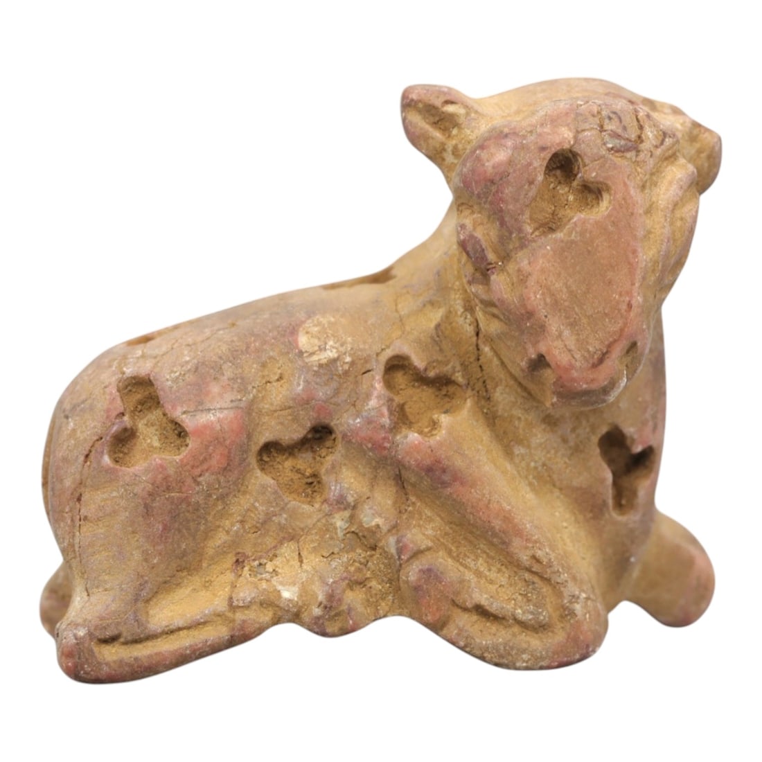 Ancient Mesopotamian Bovid Effigy - Stone Protective Figurine, 8ZR: This artifact is a stone bovid effigy, executed in the stylized zoomorphic tradition of ancient Mesopotamia. The figurine depicts a reclining bovine (likely a sheep or ram) with simplified anatomical 