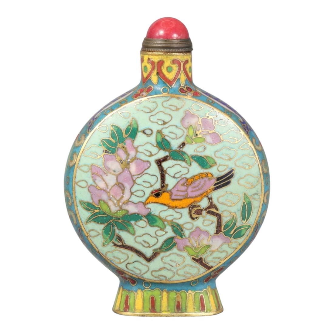 A Chinese Cloisonne Enamel Snuff Bottle, 20th Century, 19YC: Constructed from metal and decorated in cloisonne enamel, the bottle is of compressed globular form with rounded sides rising to a short cylindrical neck and flared foot. The surface is articulated wi