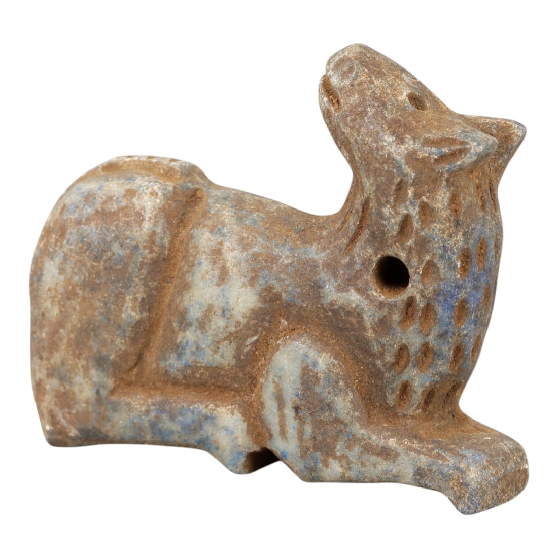 Ancient Lapis Lazuli Camel Amulet - Near Eastern Animal Talisman, 61AM: This amulet is carved from rich blue lapis lazuli with natural earthy inclusions, depicting a stylized camel in a recumbent, crouched posture. The piece features incised linear and stippled detailing 