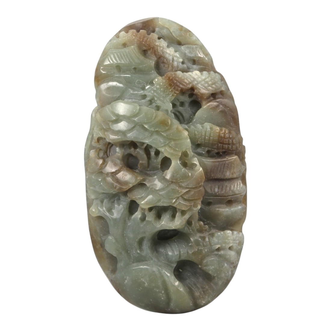 A Chinese Nephrite Jade Mountain-Form Carving, 20th Century, 35FB: Carved from pale green nephrite jade with areas of brown and russet inclusions, the object is worked as an upright mountain-form composition. The stone is extensively pierced and carved in high relief
