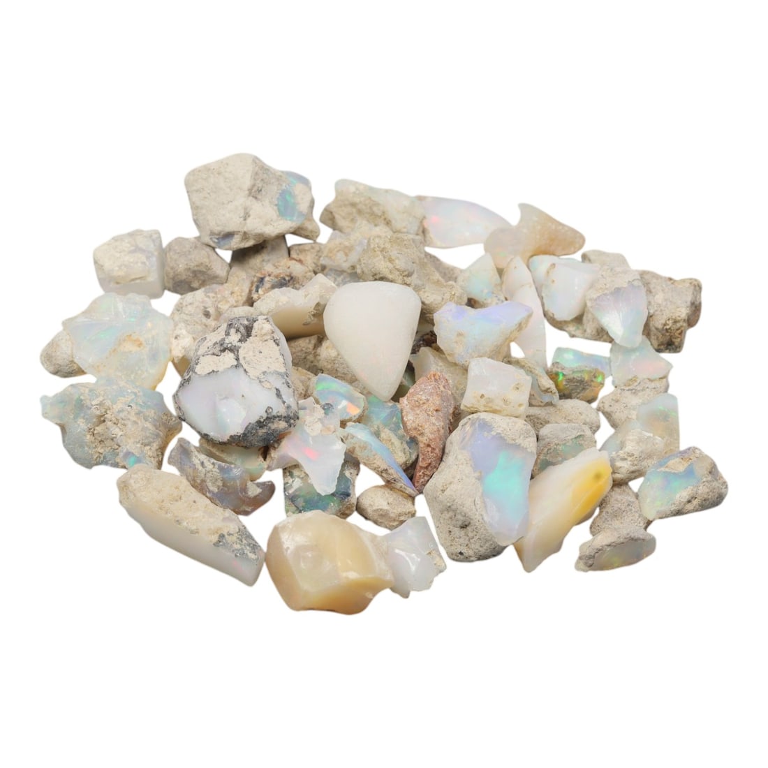 An Ethiopian Welo Opal Rough Lot, 47.23g, 50ZH: A parcel of rough Welo opal, with individual pieces ranging from 1-2 cm in size. The specimens exhibit a milky to translucent base, with visible play-of-color displaying flashes of blue, green, yellow