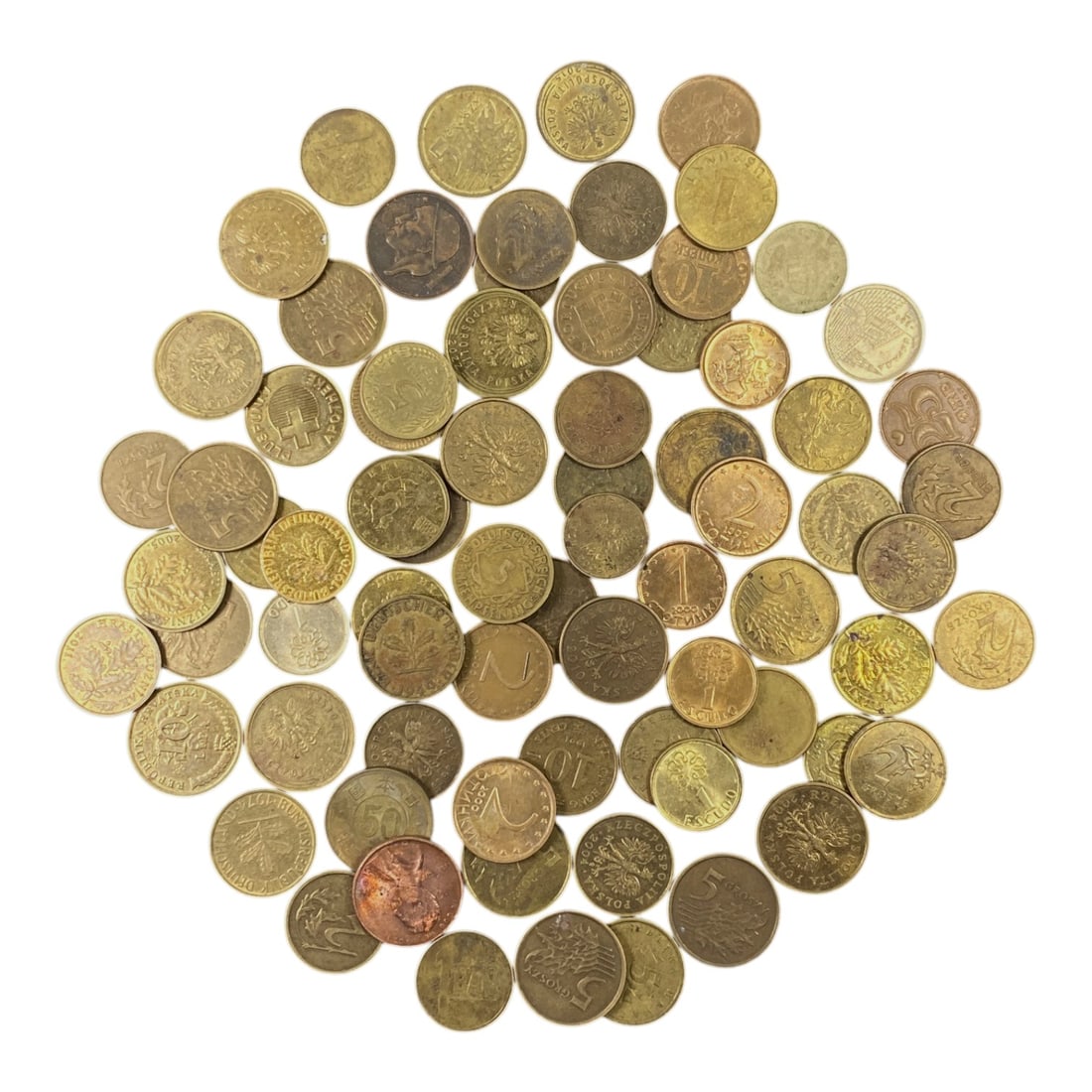 CENTRAL EUROPE: Mixed Brass Coin Bulk Lot, 3V: This diverse collection of Central European brass coins spans multiple nations and denominations, capturing the everyday currency of the late 20th century. Featuring heraldic motifs, national emblems,