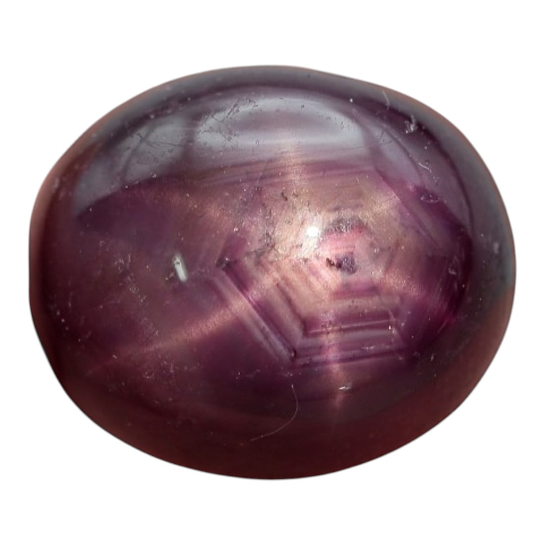 5.79 Carats Deep Purple-Red Star Ruby Oval Cabochon - Natural Loose Gemstone, 6XC: This striking star ruby features a rich, deep purple-red hue, evoking the depth of aged wine with subtle magenta undertones that shift under light. A vivid six-rayed star glides gracefully across its 