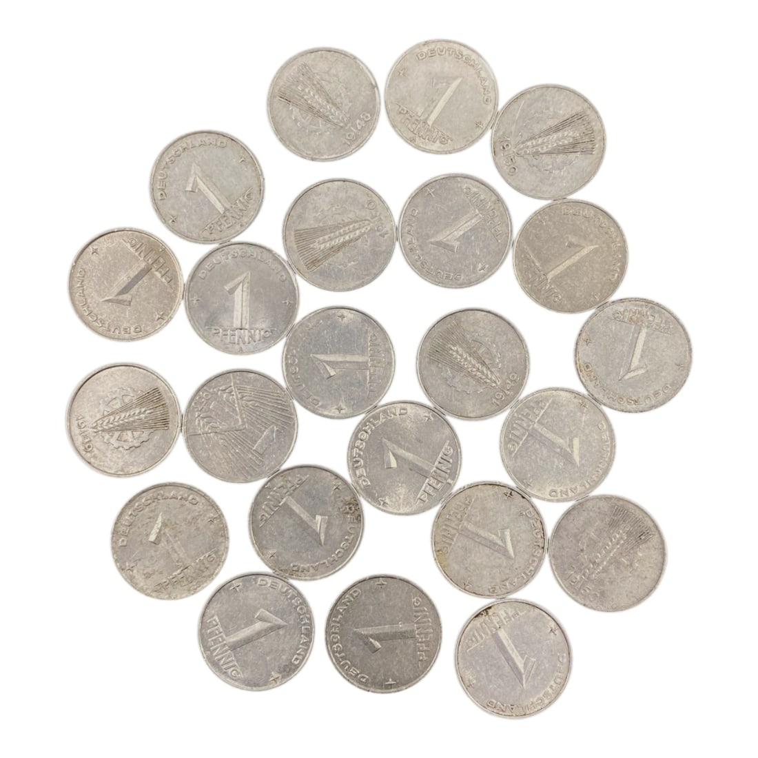GERMANY: Post-War Recovery - 1 Pfennig Bulk Coin Lot, 14V: This bulk lot of German 1 Pfennig coins, minted in the immediate post-WWII era, is defined by its symbolic wheat sheaf motif-a tribute to agricultural renewal and economic rebuilding. Struck in lightw