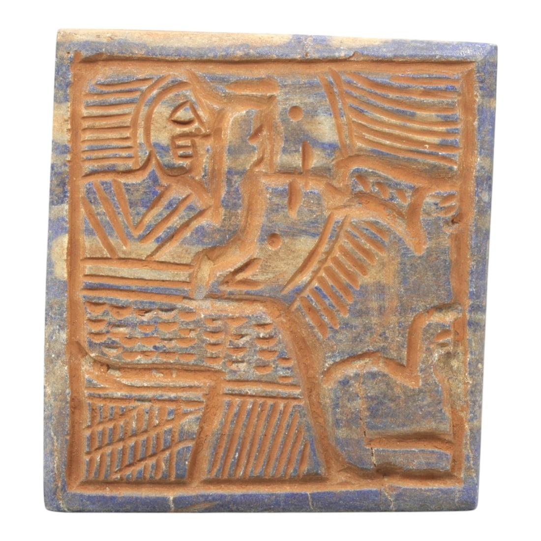 Near Eastern Lapis Lazuli Plaque - Tribal Art Figure & Mythical Creature Relief, 1ZA: Carved from lapis lazuli, this square plaque features a **5.5x5.1cm (2.17x2.01in)** relief composition depicting a stylized human figure in profile alongside a mythical winged creature, executed in th