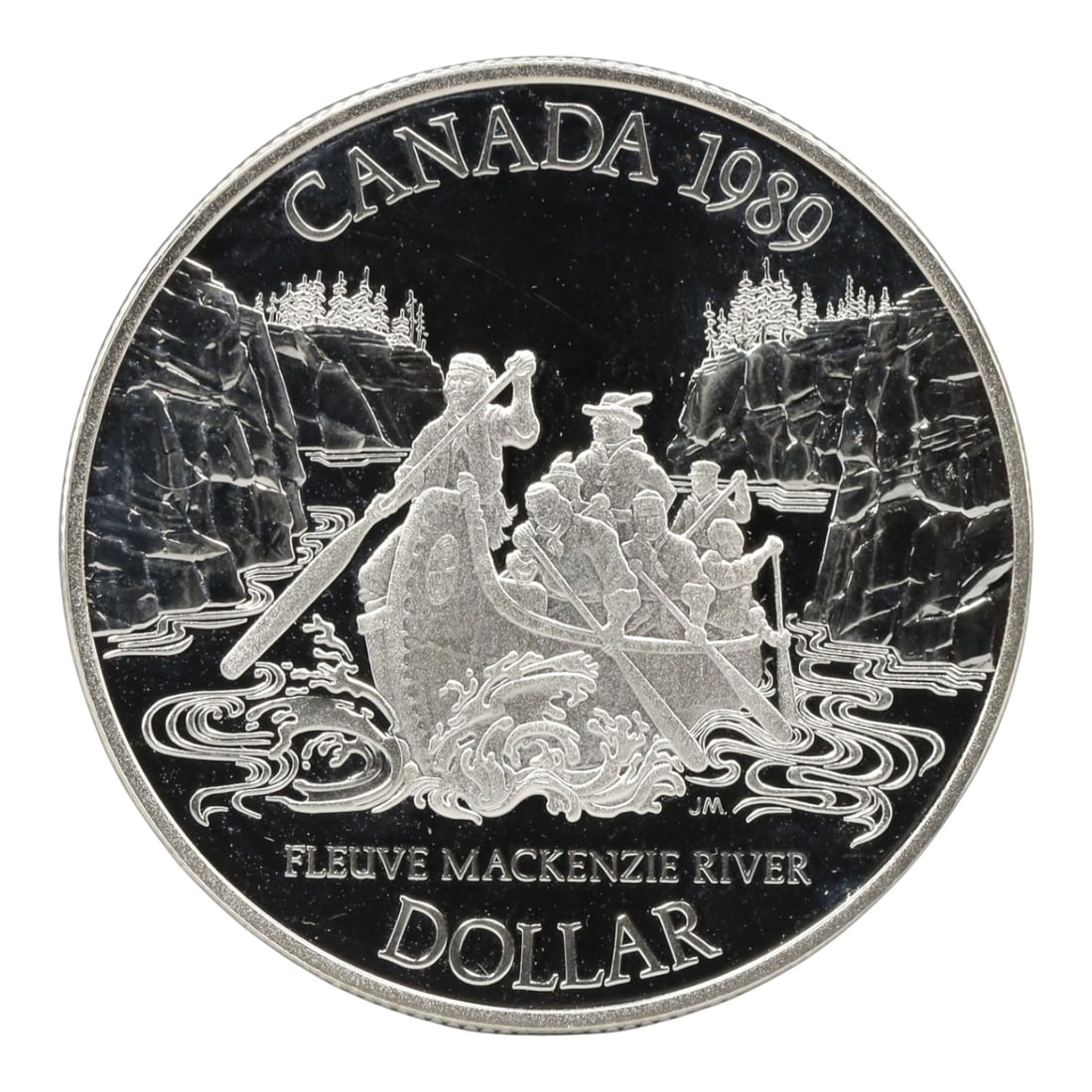 CANADA: Exploration Legacy - Mackenzie River Silver Dollar Coin, 1989, 36.07mm, 1ZJ: This silver dollar, struck by the Royal Canadian Mint in 1989, commemorates the 200th anniversary of Sir Alexander Mackenzie's historic 1789 expedition to the Mackenzie River, a pivotal moment in the 