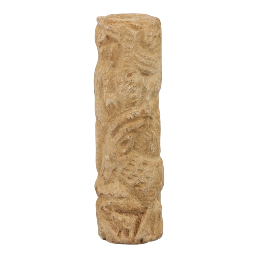 Ancient Limestone Cylinder Bead - Carved Relief Figurine, 8AH: Carved from limestone, this ancient cylinder bead features a slender, tubular form with raised relief detailing depicting a stylized humanoid figure, typical of ornamental use in early cultural contex