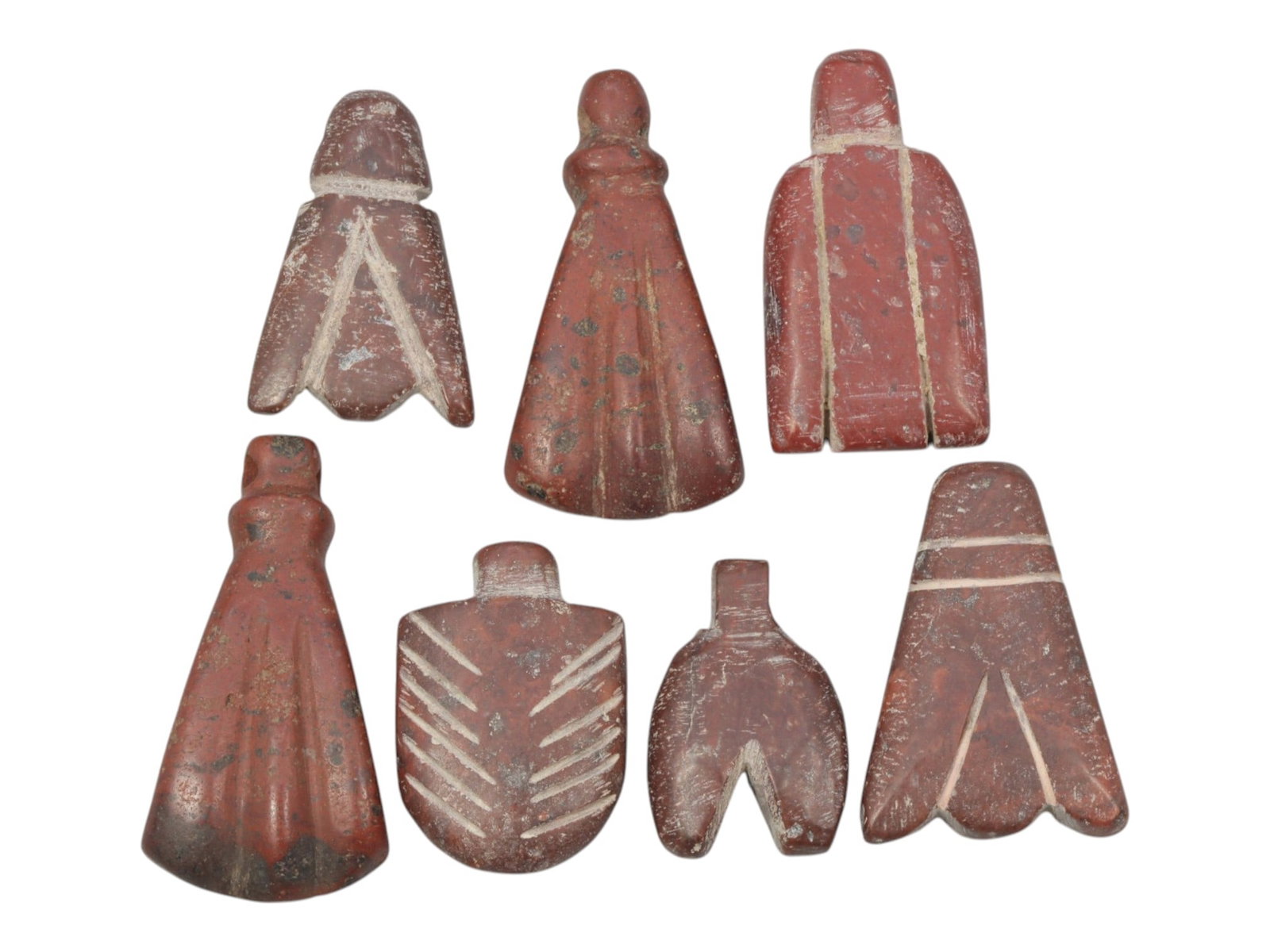Lot of 7 Ancient Coptic Egyptian Red Stone Fly Amulets, Circa Roman to Coptic Era, 68WT: Carved from red stone, the group consists of seven distinct fly-shaped amulets, ranging in size from 2.3 cm to 3.5 cm (0.91-1.38 in.). Each piece features stylized representations of flies, with varyi