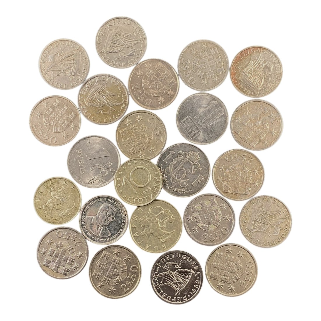 PORTUGAL & EASTERN EUROPE: Multi-Nation Coinage - Mixed Coin Bulk Lot, 10V: This diverse lot combines iconic Portuguese and Eastern European coinage, anchored by Portuguese 2.5 Escudo pieces featuring the classic caravela and coat of arms motifs. Complemented by select coins 