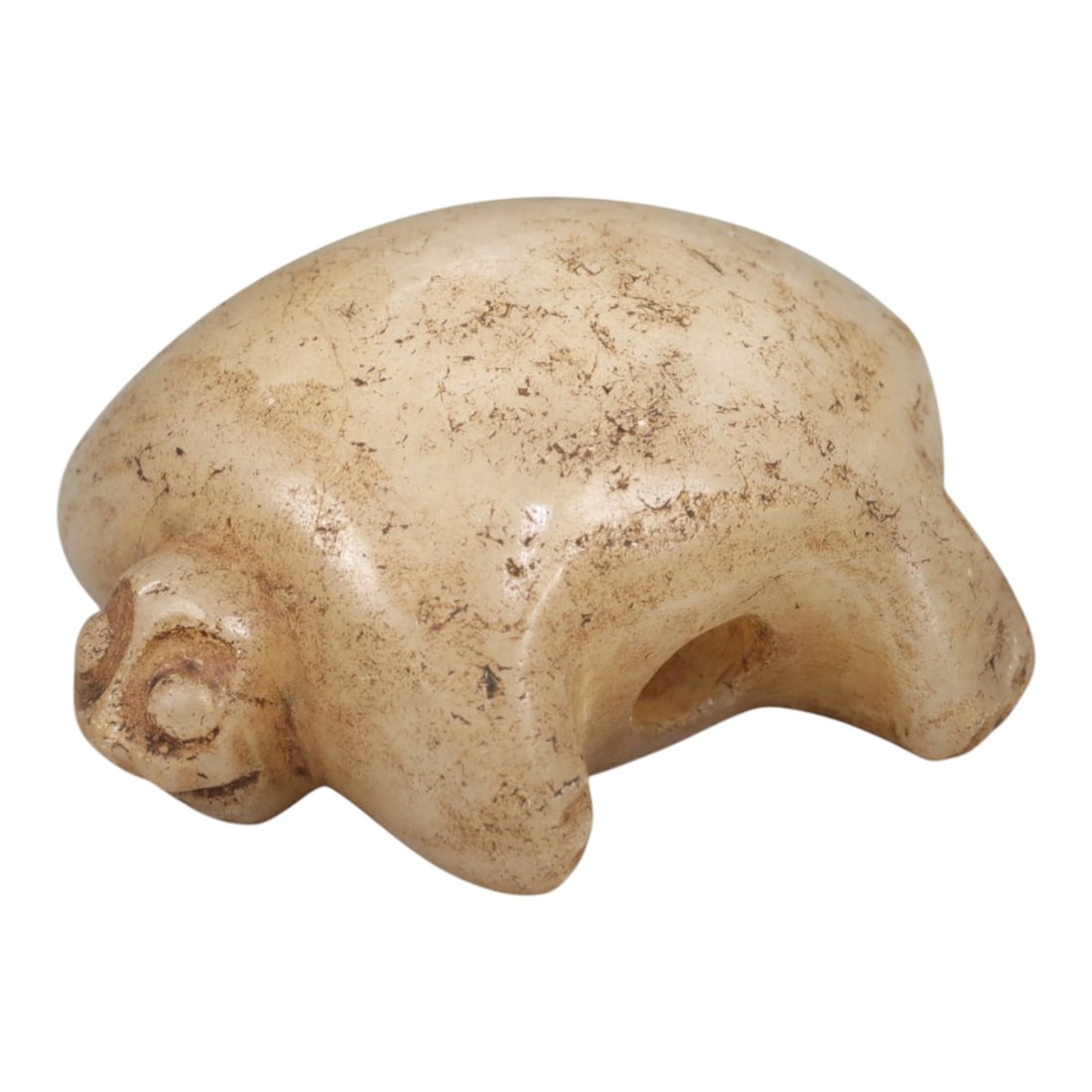 Ancient Stone Tortoise - Near Eastern Amulet Figurine, 1AL: Carved from smooth, pale stone, this amulet depicts a stylized tortoise with a rounded shell, simplified facial features, and short limbs, with a lateral suspension hole for wearable use. Attributed t