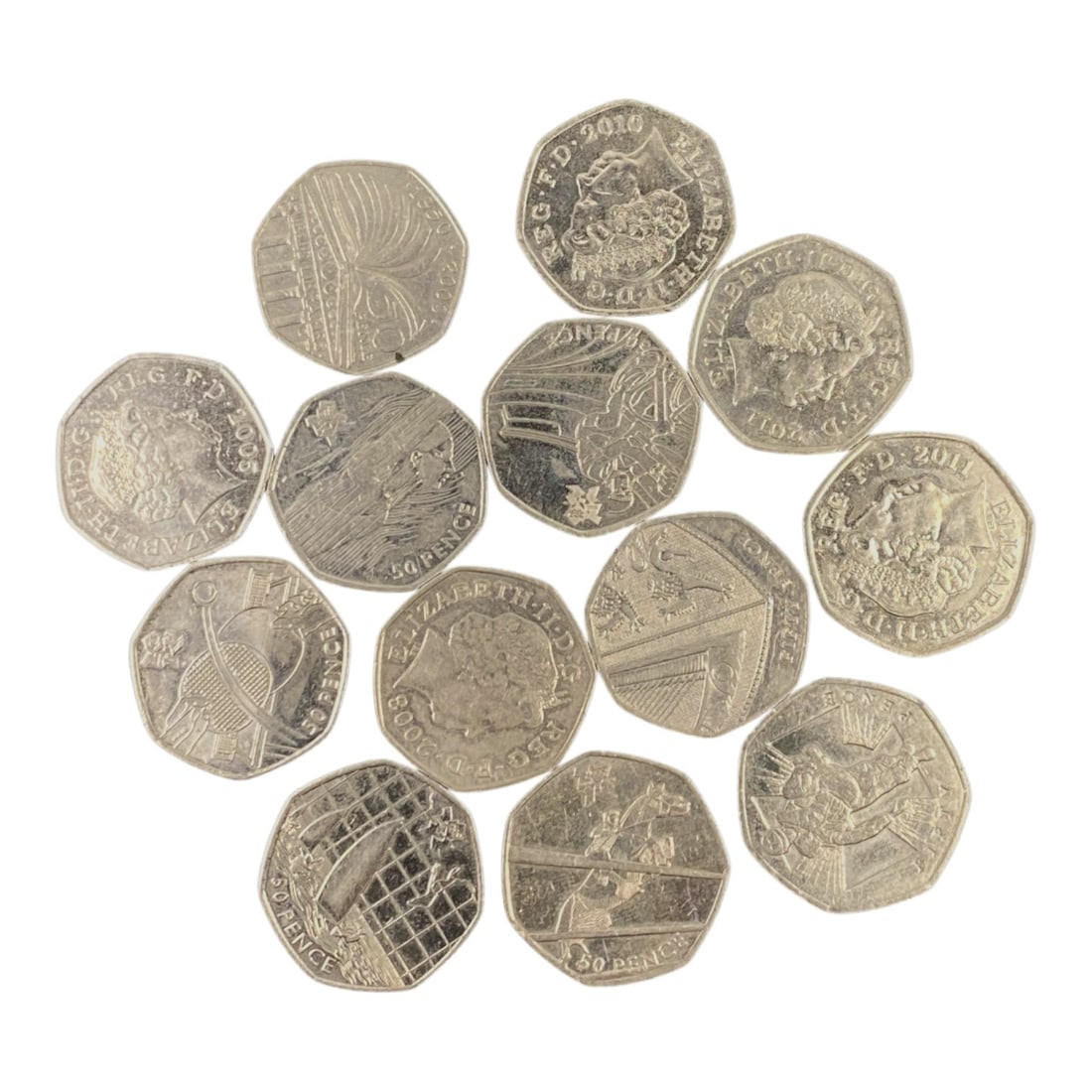 UNITED KINGDOM: Commemorative Heritage - 50 Pence Bulk Coin Lot, 18V: This bulk lot of British 50 Pence coins showcases the Royal Mint's rich tradition of commemorative design, spanning multiple years and iconic themes. Featuring the mature portrait of Queen Elizabeth I