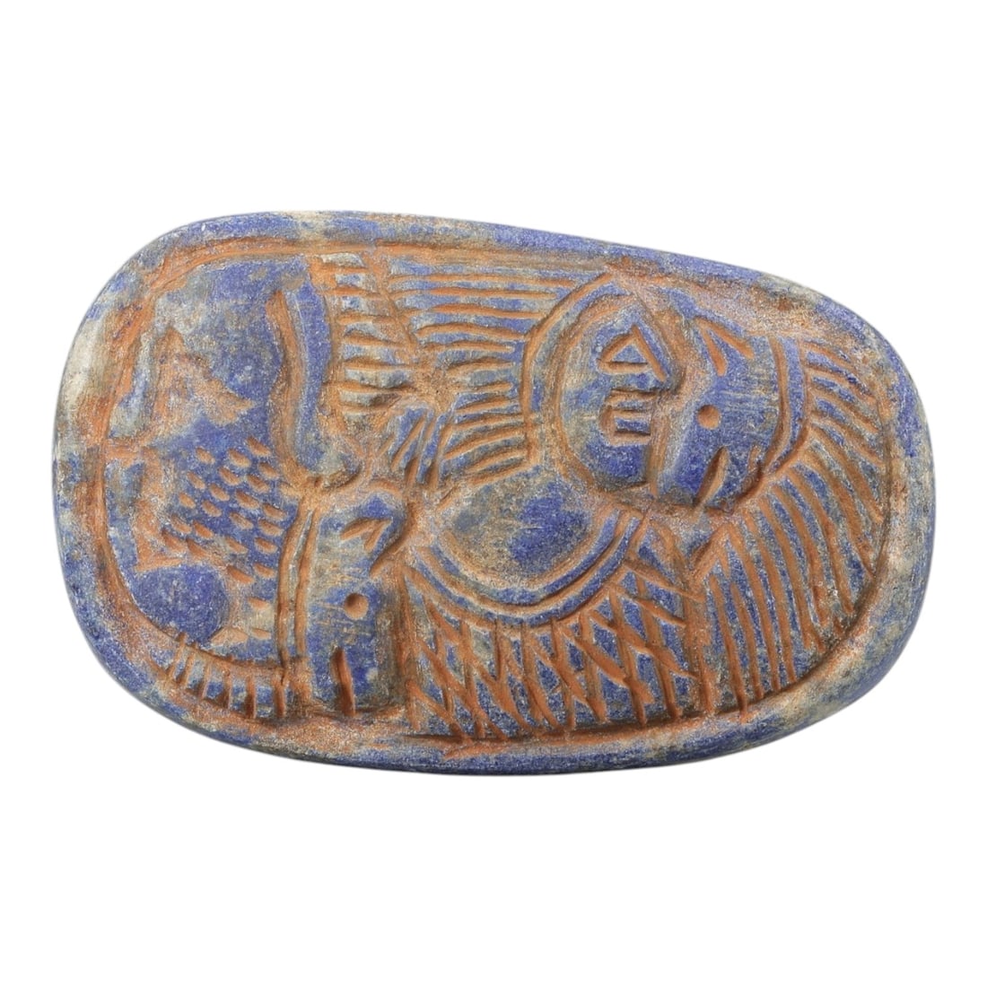 Near Eastern Lapis Lazuli Plaque - Tribal Figure & Animal Relief Carving, 95BF: Carved from rich lapis lazuli, this oval plaque features a 7x4.5cm (2.76x1.77in) relief composition centered on a stylized tribal figure, with incised linear details defining its form and geometric ac