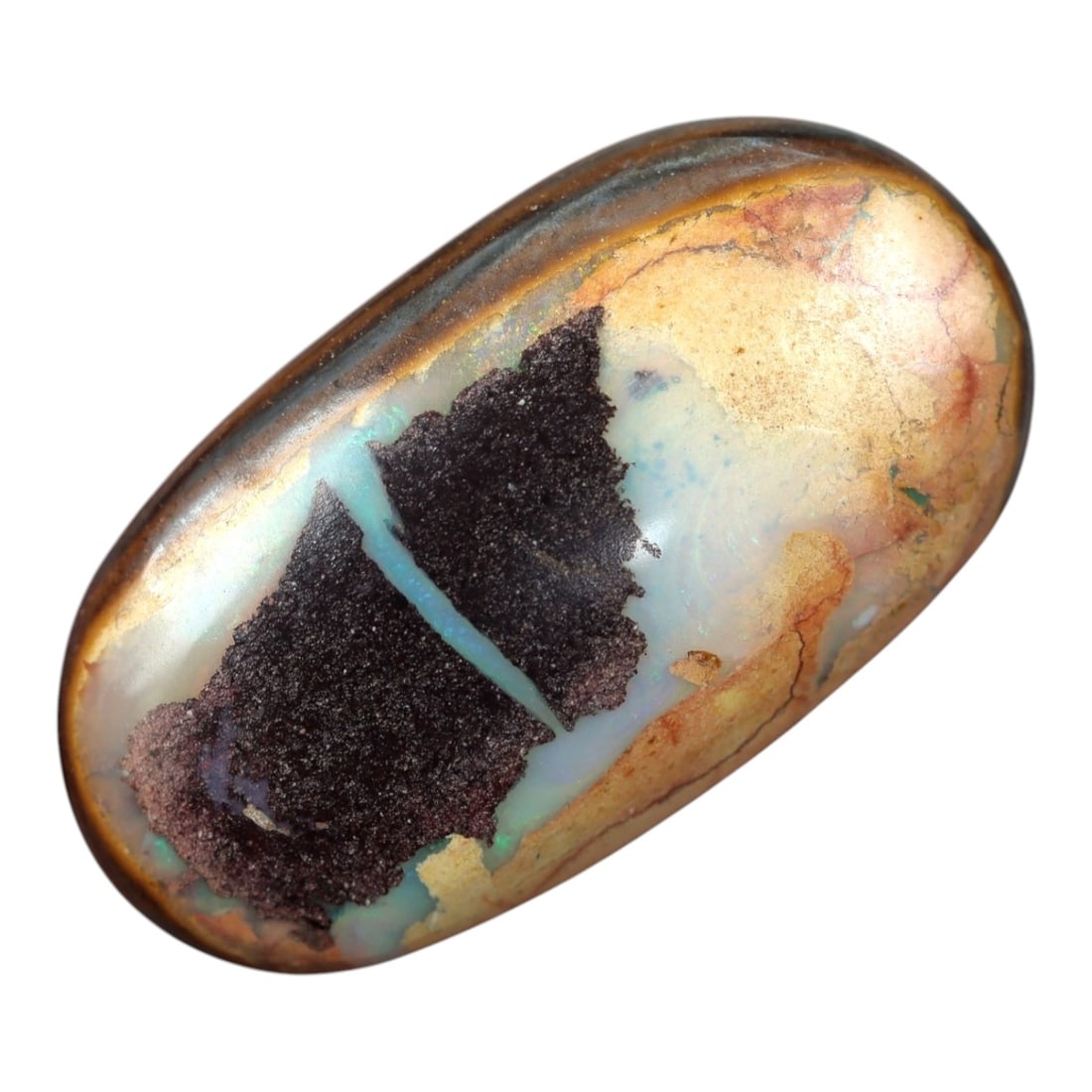 6.68 Carats Cream-Blue Boulder Opal with Dark Matrix - Natural Australian Stone, 36XM: This substantial boulder opal presents a striking visual narrative, with a creamy, pale base that transitions into soft, iridescent blue opal layers, all dramatically framed by a large, dark, textured